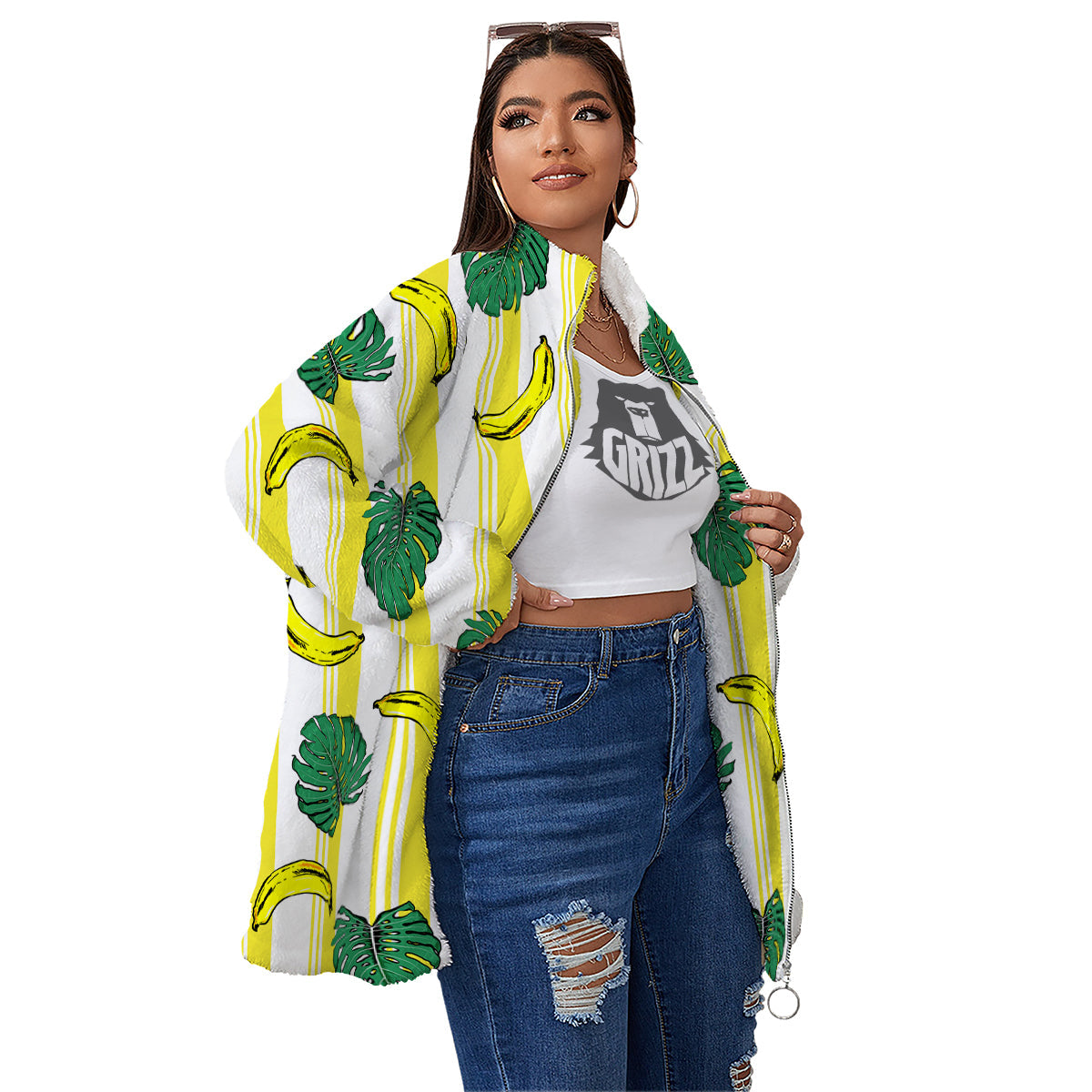 Banana Geometric Yellow Print Pattern Women's Sherpa Jacket-grizzshop