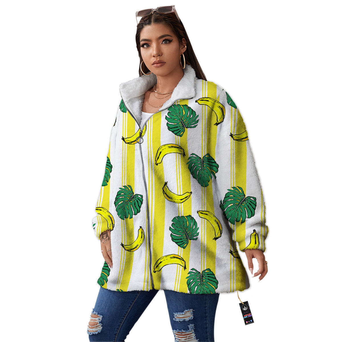 Banana Geometric Yellow Print Pattern Women's Sherpa Jacket-grizzshop