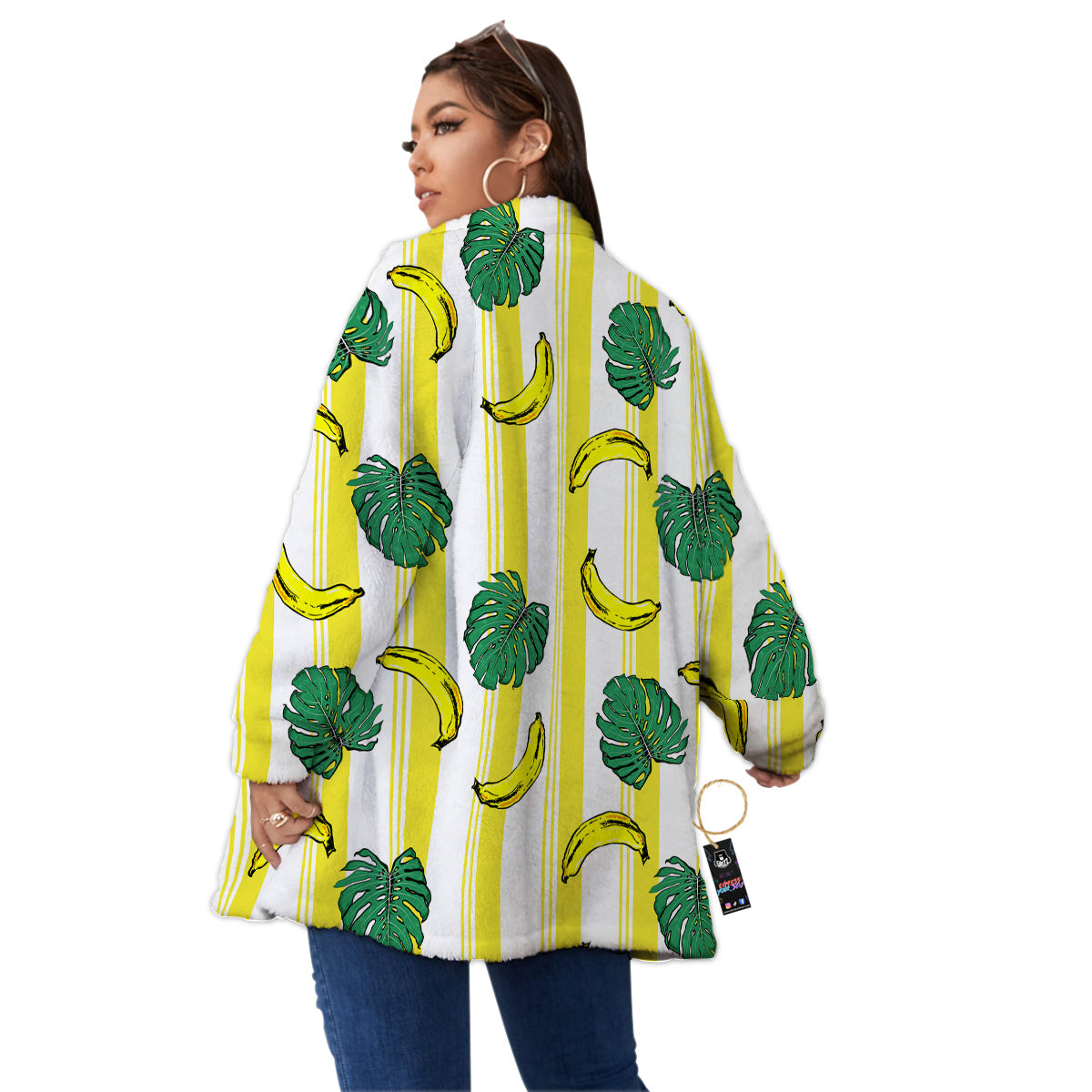 Banana Geometric Yellow Print Pattern Women's Sherpa Jacket-grizzshop