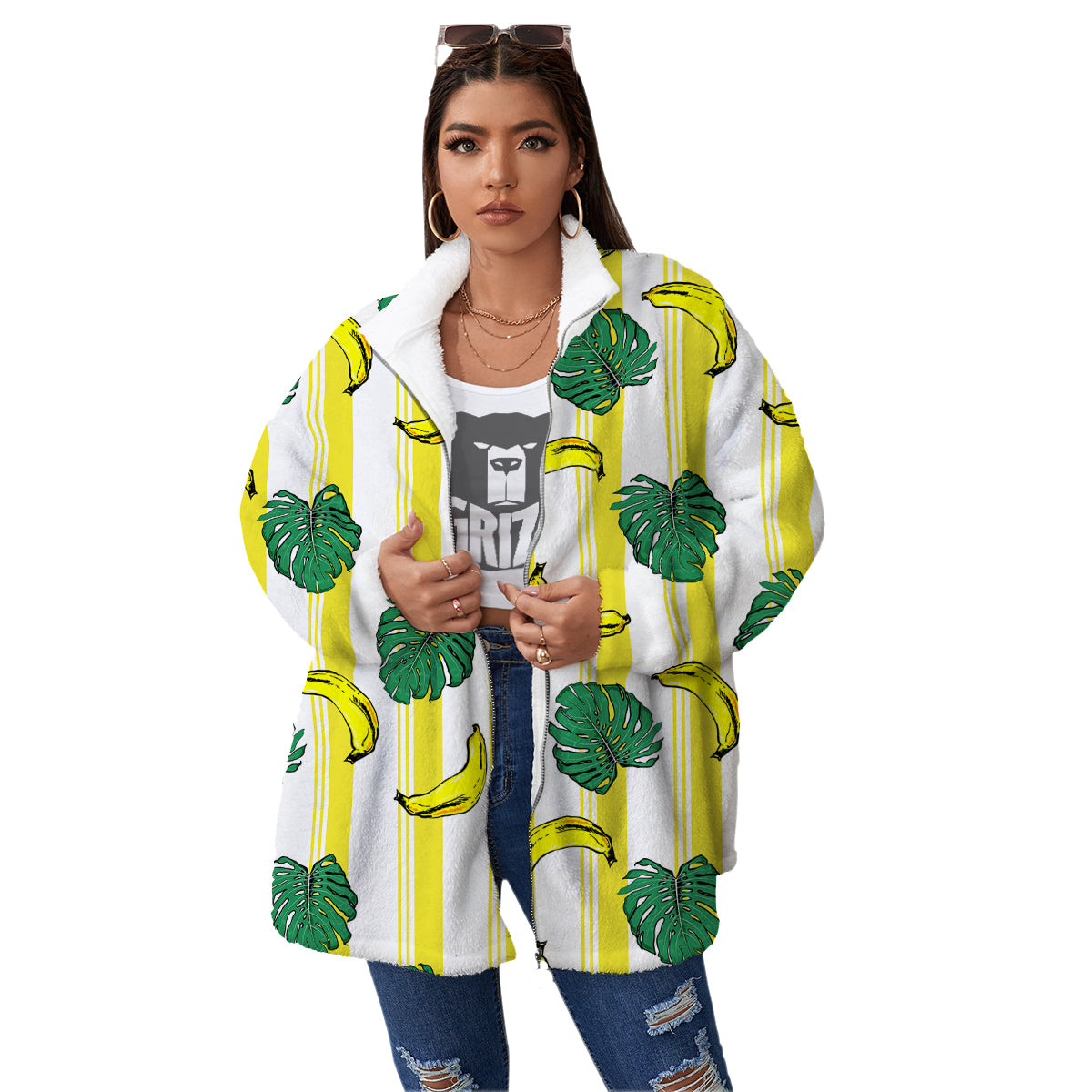 Banana Geometric Yellow Print Pattern Women's Sherpa Jacket-grizzshop