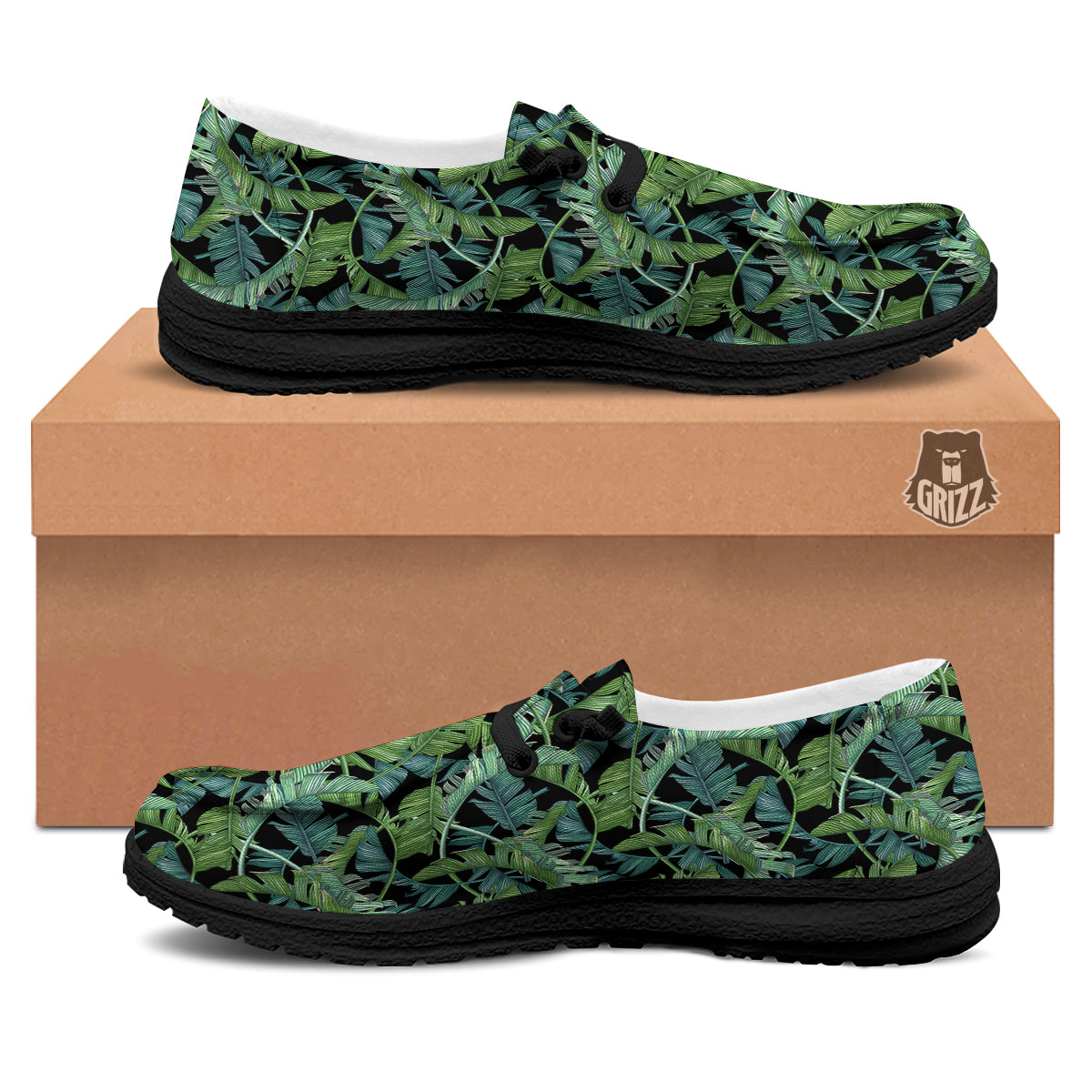 Banana Leaf Print Pattern Black Loafers-grizzshop