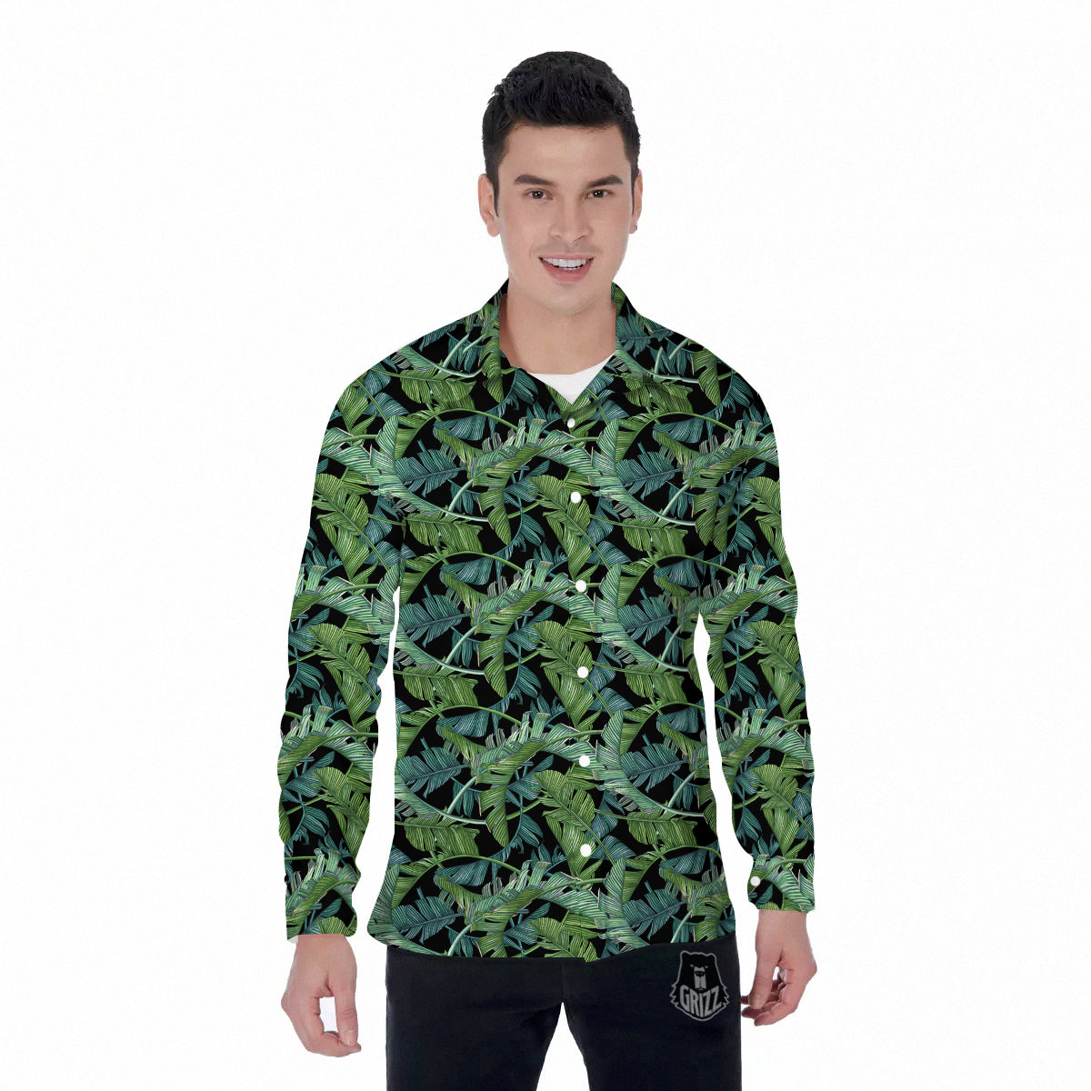 Banana Leaf Print Pattern Men's Long Sleeve Shirts-grizzshop