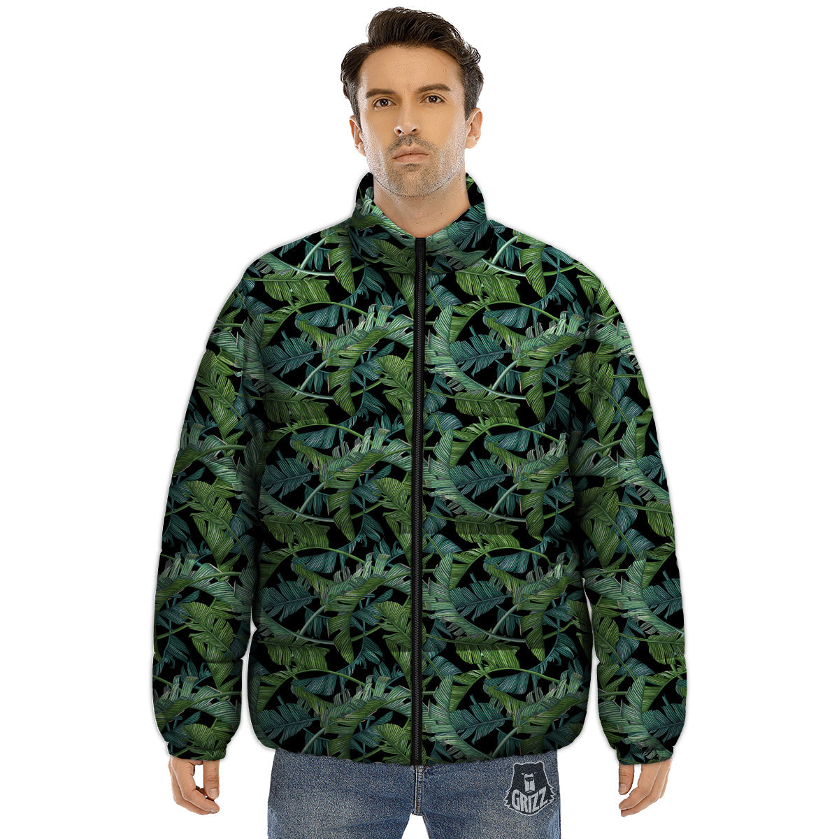 Banana Leaf Print Pattern Puffer Jacket-grizzshop