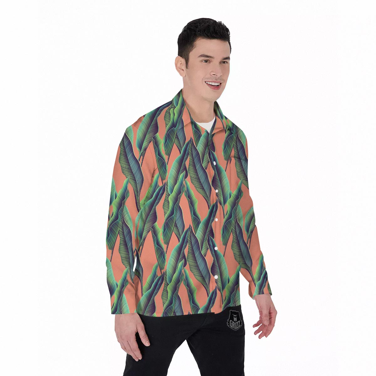 Banana Leaf Tropical Print Pattern Men's Long Sleeve Shirts-grizzshop