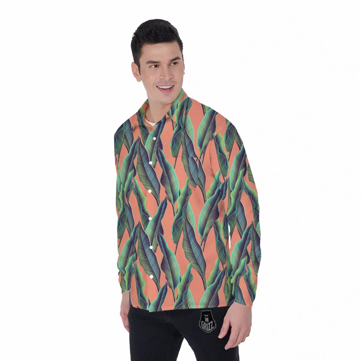 Banana Leaf Tropical Print Pattern Men's Long Sleeve Shirts-grizzshop