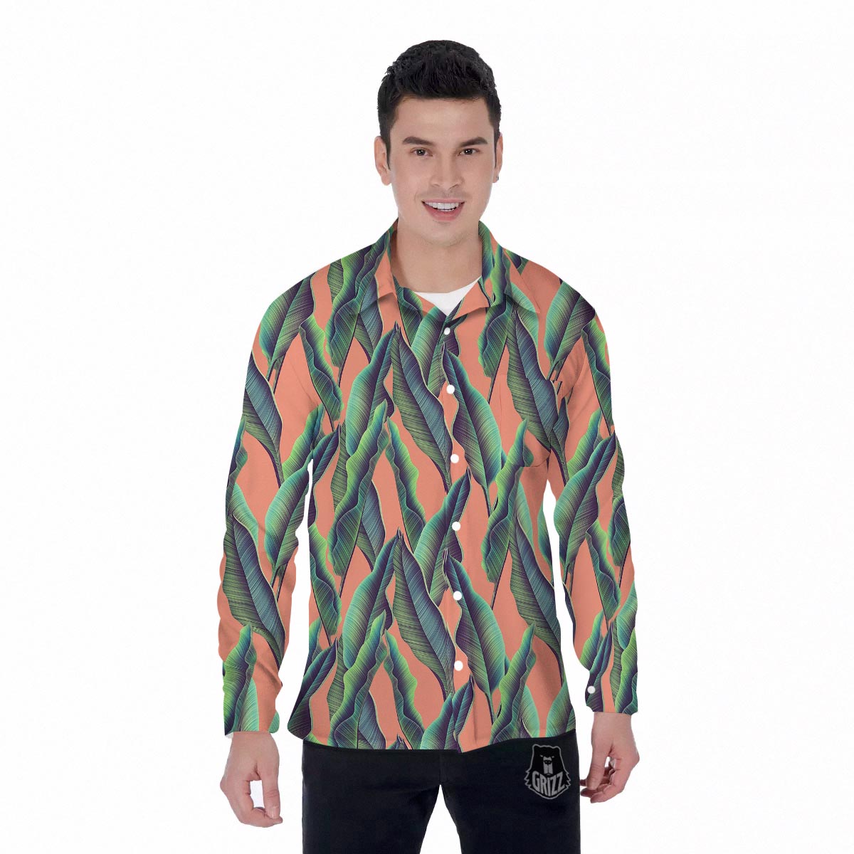 Banana Leaf Tropical Print Pattern Men's Long Sleeve Shirts-grizzshop