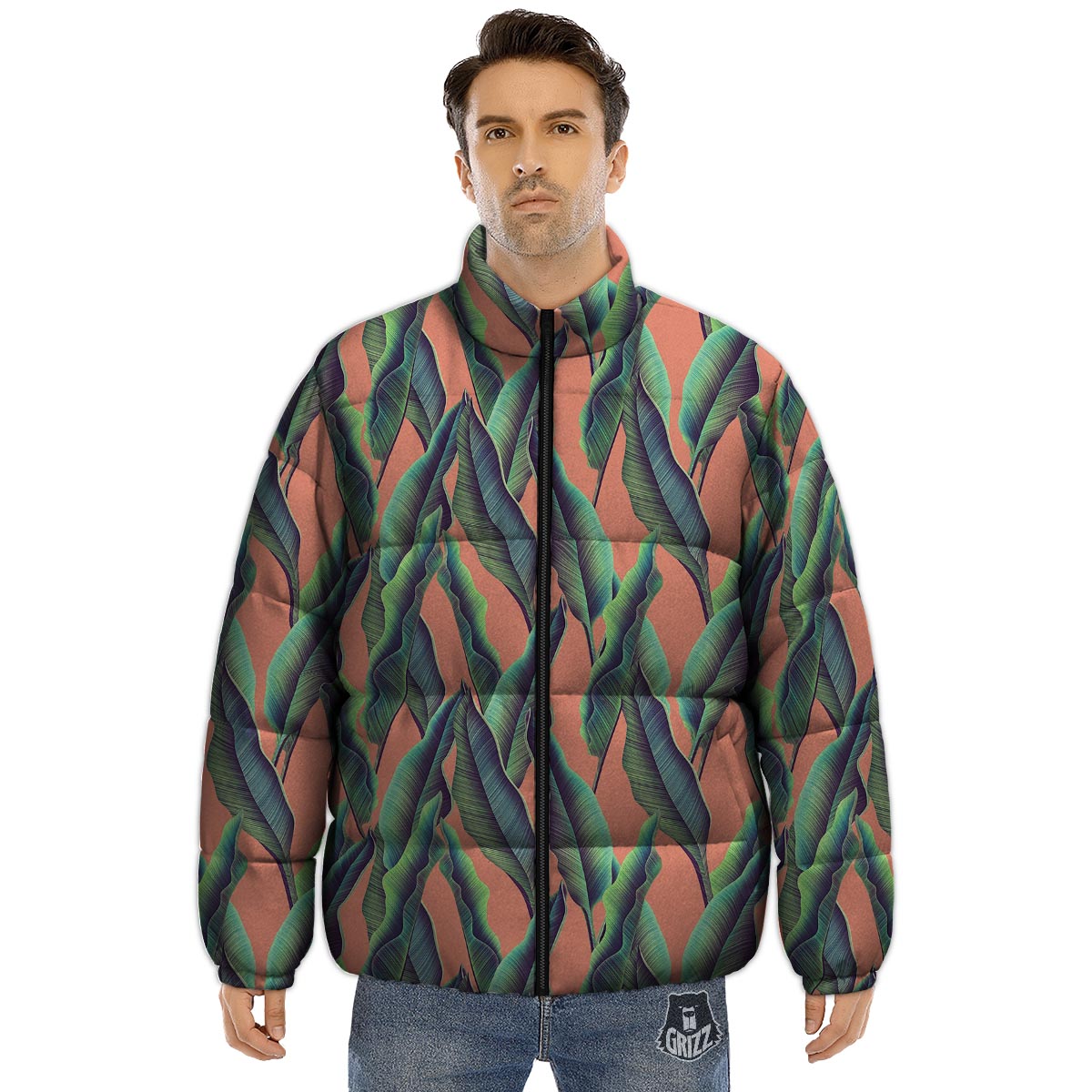 Banana Leaf Tropical Print Pattern Puffer Jacket-grizzshop