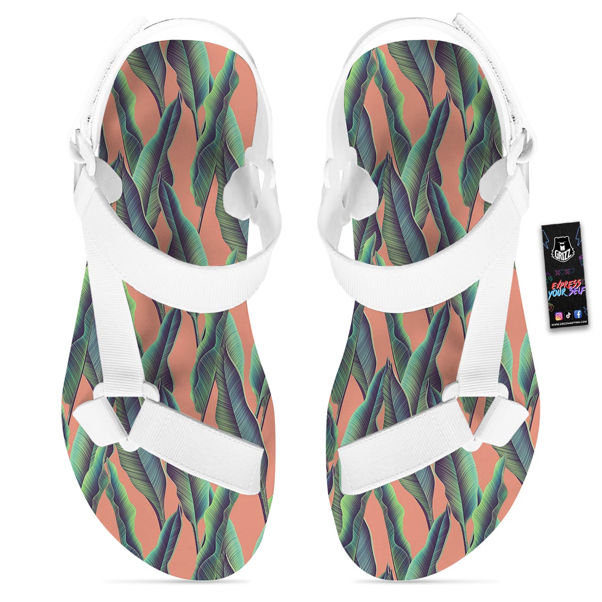 Banana Leaf Tropical Print Pattern White Open Toe Sandals-grizzshop