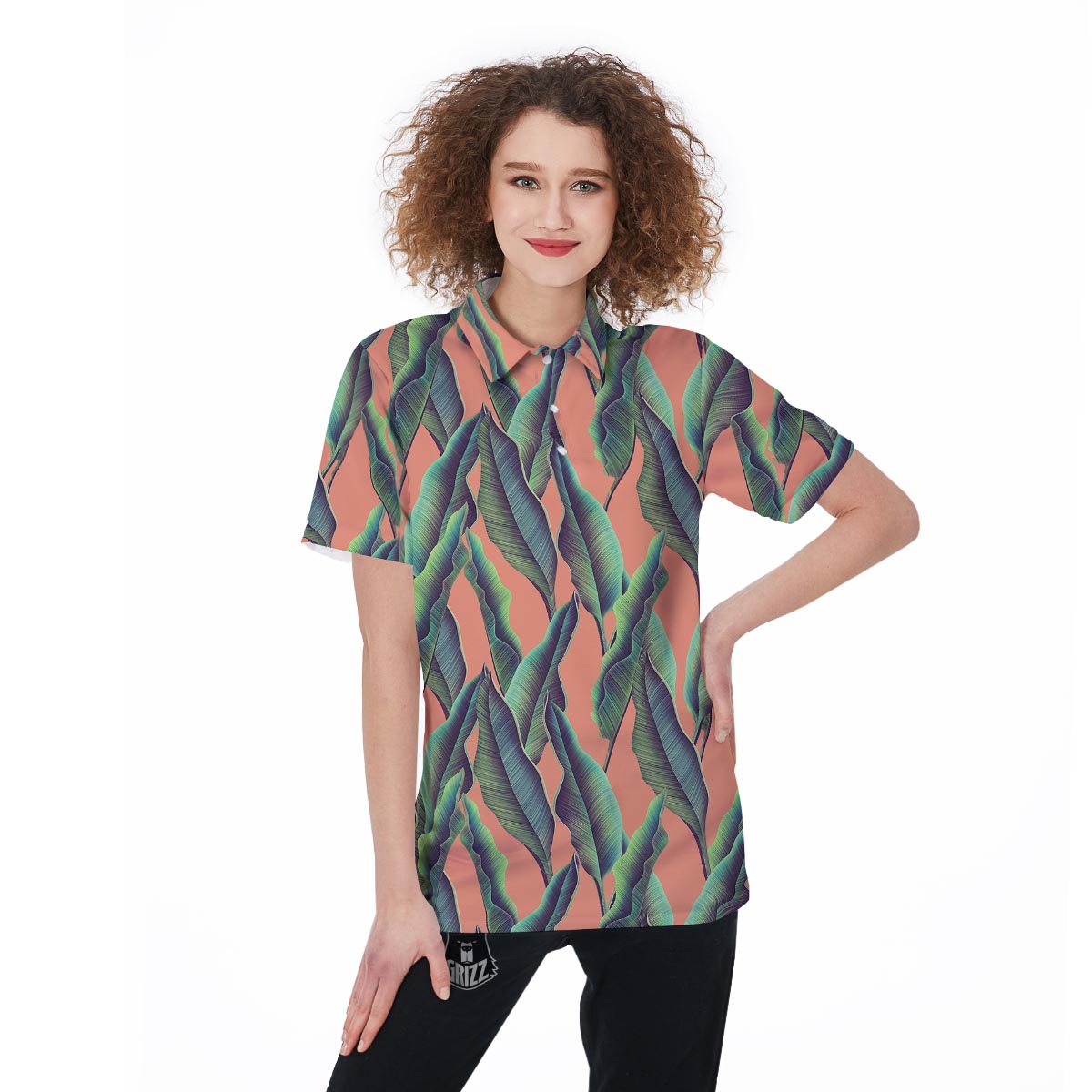Banana Leaf Tropical Print Pattern Women's Golf Shirts-grizzshop