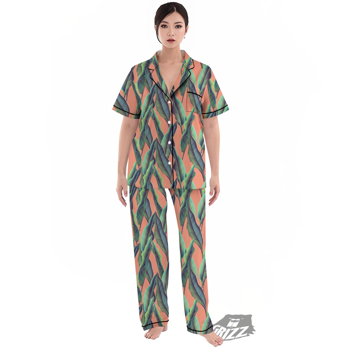 Banana Leaf Tropical Print Pattern Women's Pajamas Set-grizzshop
