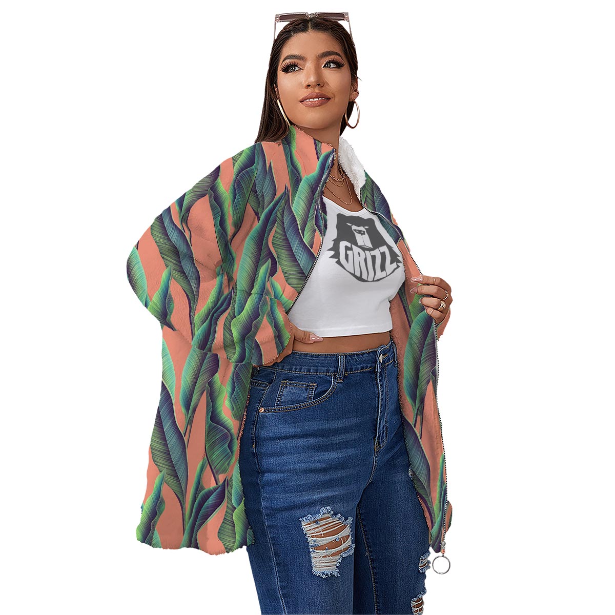 Banana Leaf Tropical Print Pattern Women's Sherpa Jacket-grizzshop