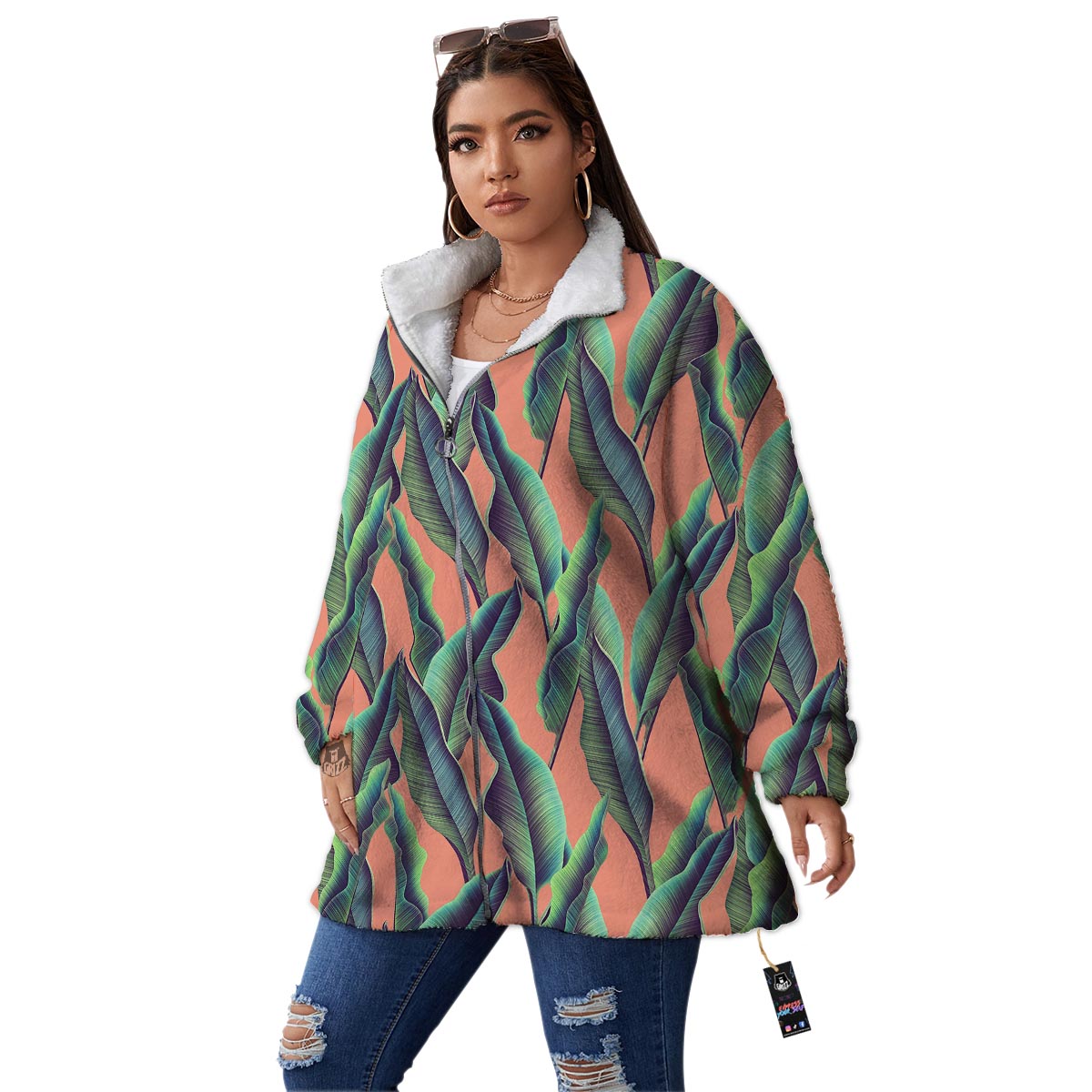 Banana Leaf Tropical Print Pattern Women's Sherpa Jacket-grizzshop