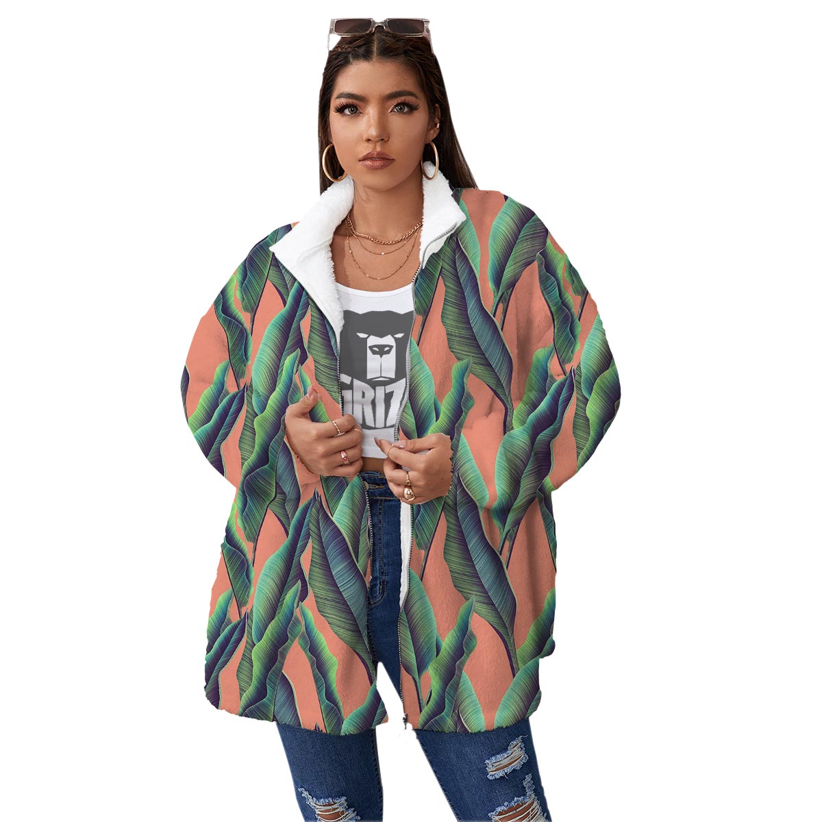 Banana Leaf Tropical Print Pattern Women's Sherpa Jacket-grizzshop