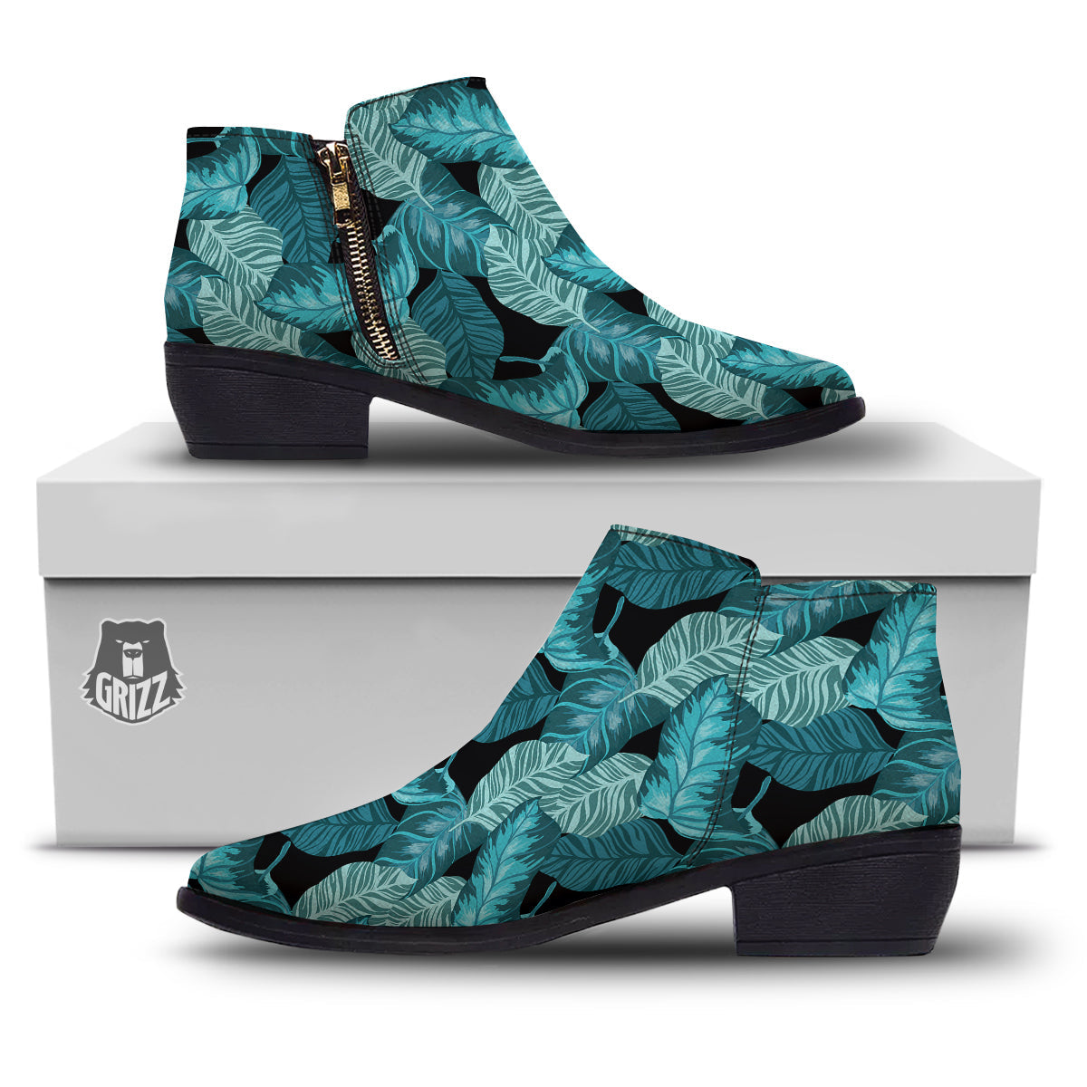 Banana Leaf Turquoise Print Pattern Ankle Boots-grizzshop