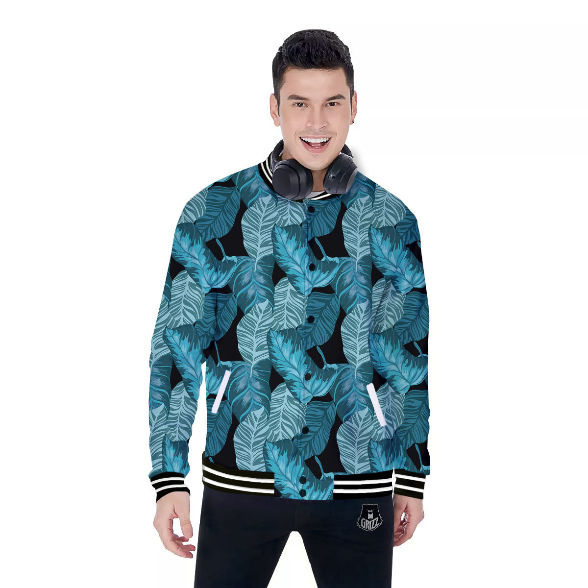 Banana Leaf Turquoise Print Pattern Baseball Jacket-grizzshop