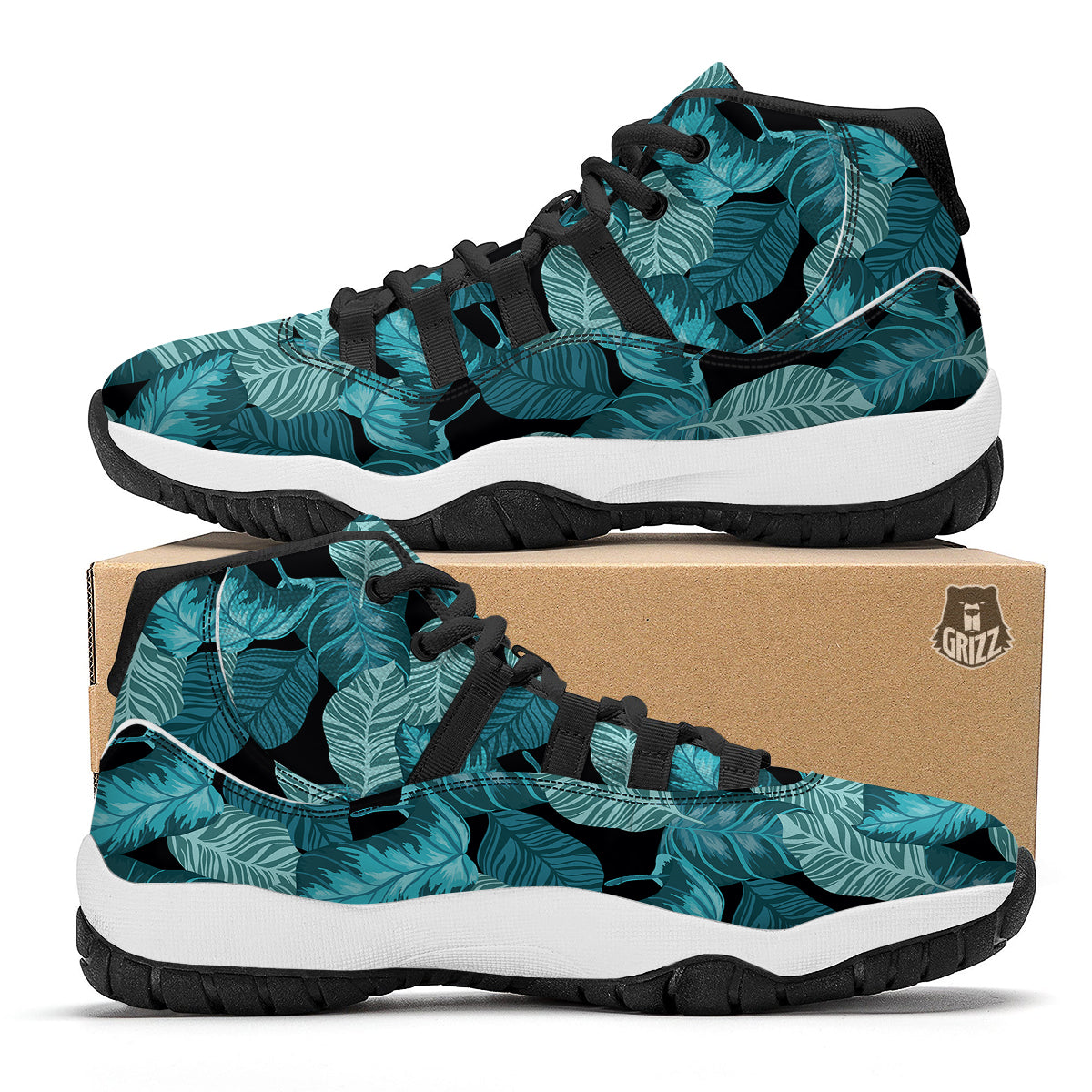 Banana Leaf Turquoise Print Pattern Black Bball Shoes-grizzshop