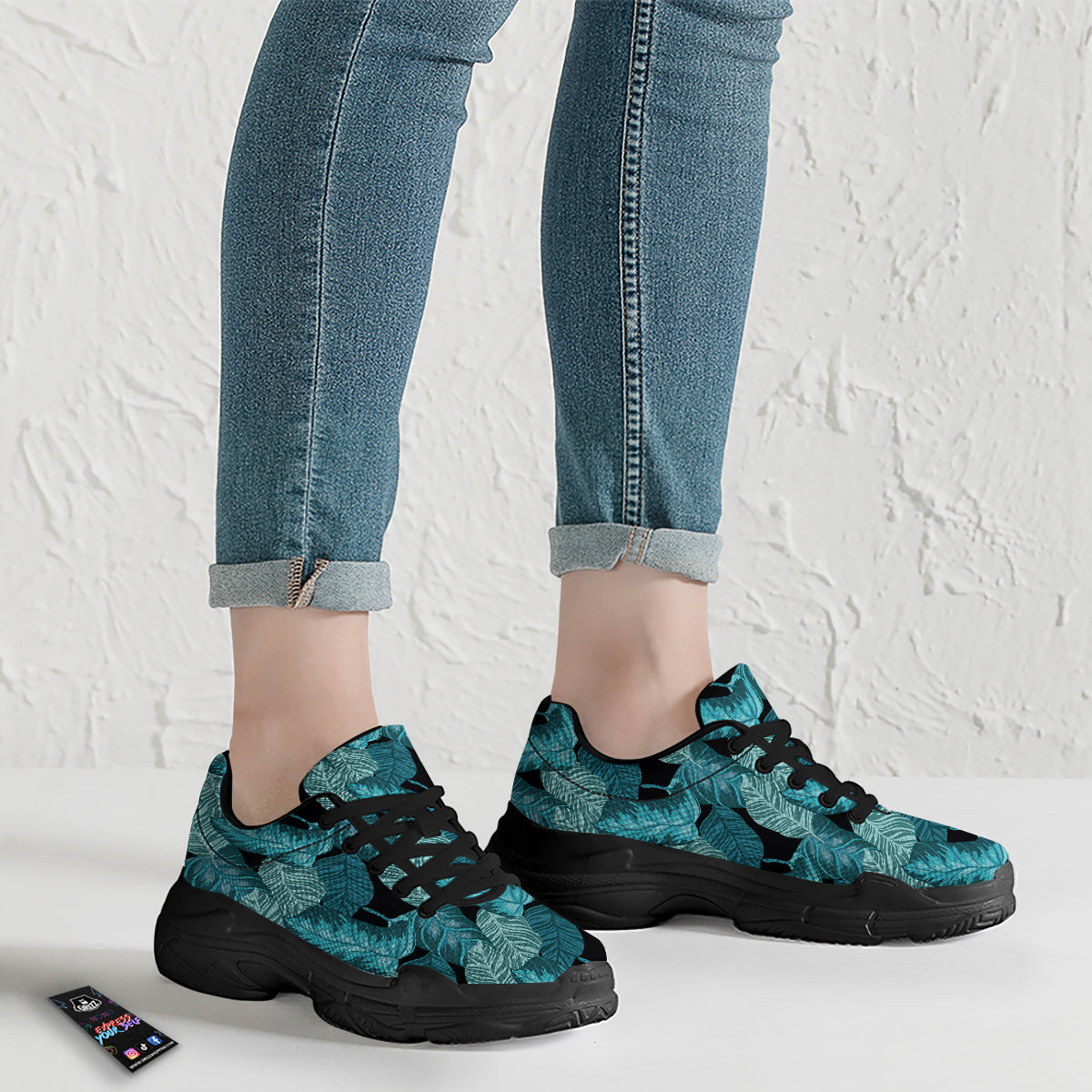 Banana Leaf Turquoise Print Pattern Black Chunky Shoes-grizzshop