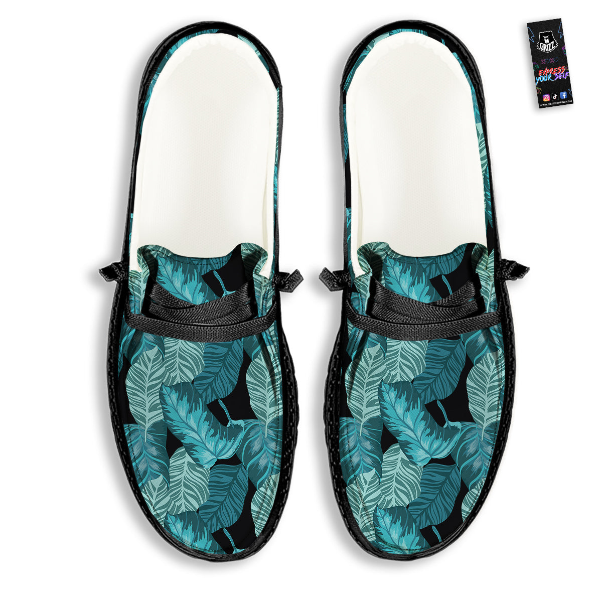 Banana Leaf Turquoise Print Pattern Black Loafers-grizzshop