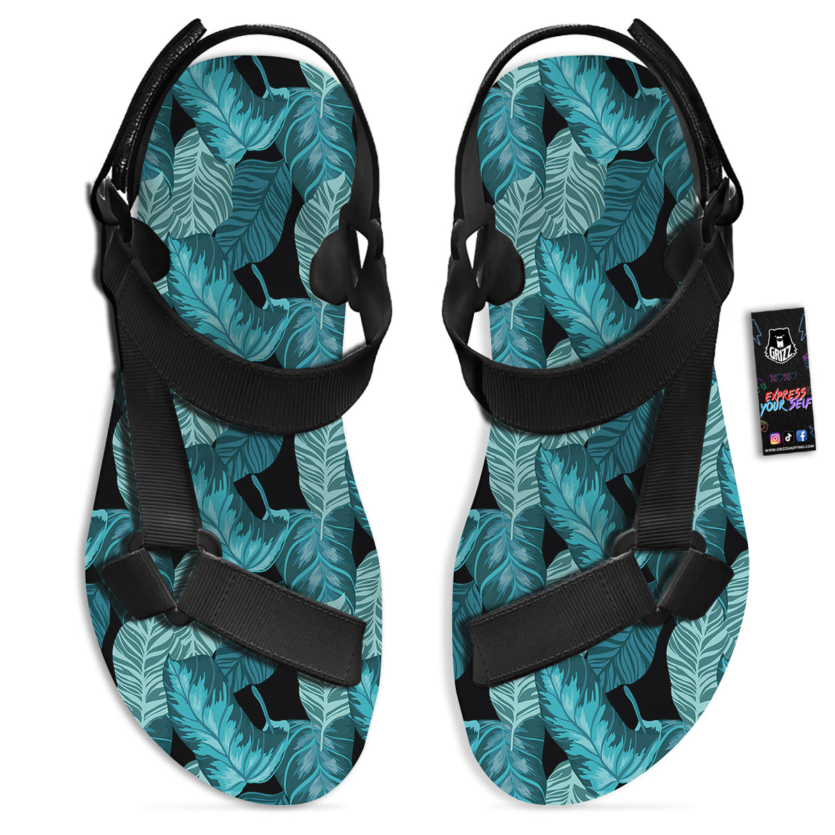 Banana Leaf Turquoise Print Pattern Black Open Toe Sandals-grizzshop