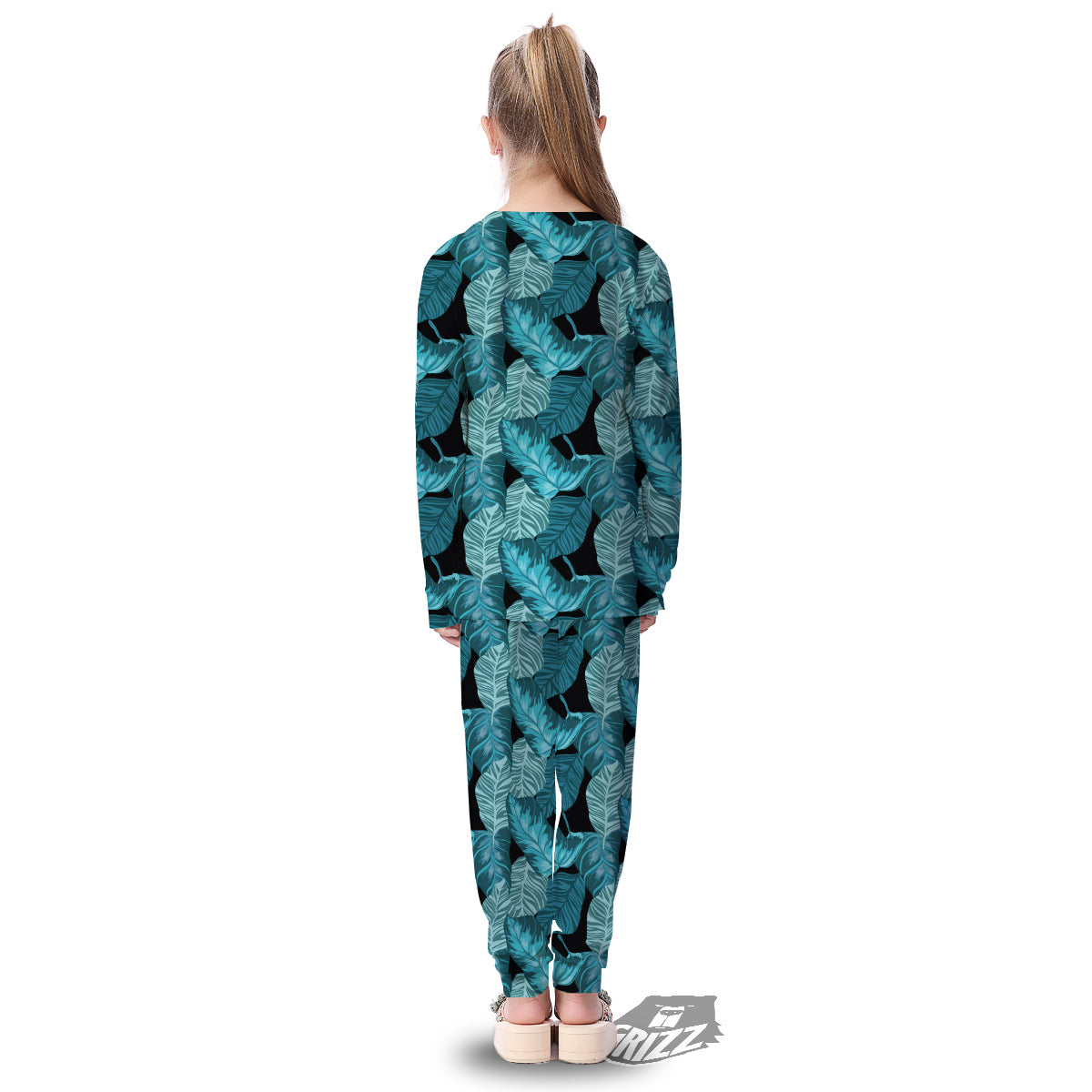 Banana Leaf Turquoise Print Pattern Kid's Pajamas-grizzshop