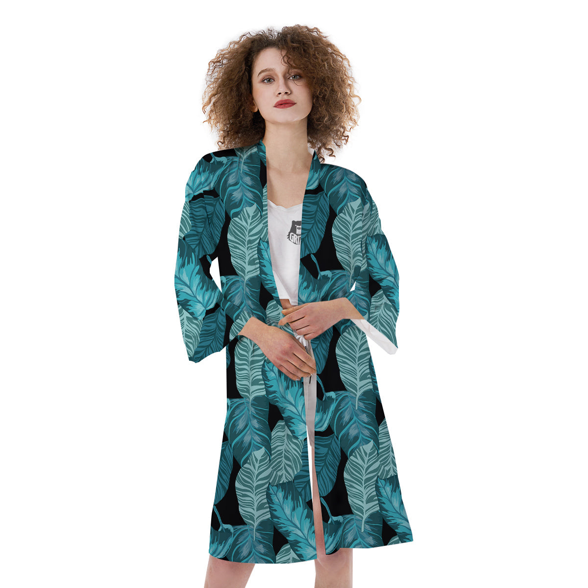 Banana Leaf Turquoise Print Pattern Kimono-grizzshop