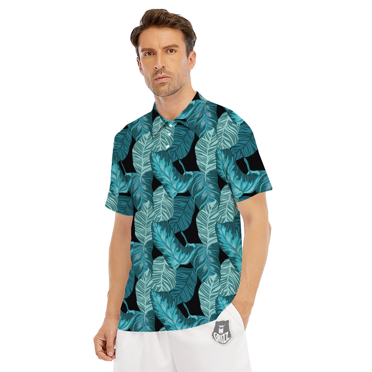 Banana Leaf Turquoise Print Pattern Men's Golf Shirts-grizzshop