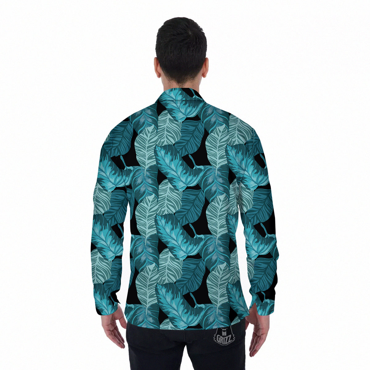 Banana Leaf Turquoise Print Pattern Men's Long Sleeve Shirts-grizzshop