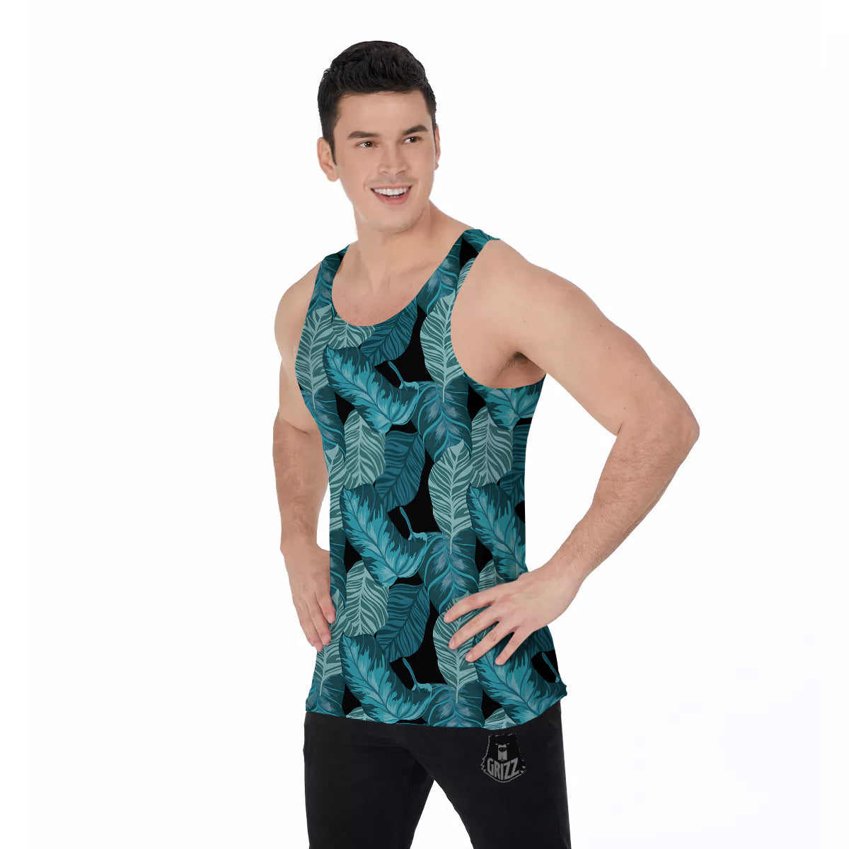 Banana Leaf Turquoise Print Pattern Men's Tank Top-grizzshop