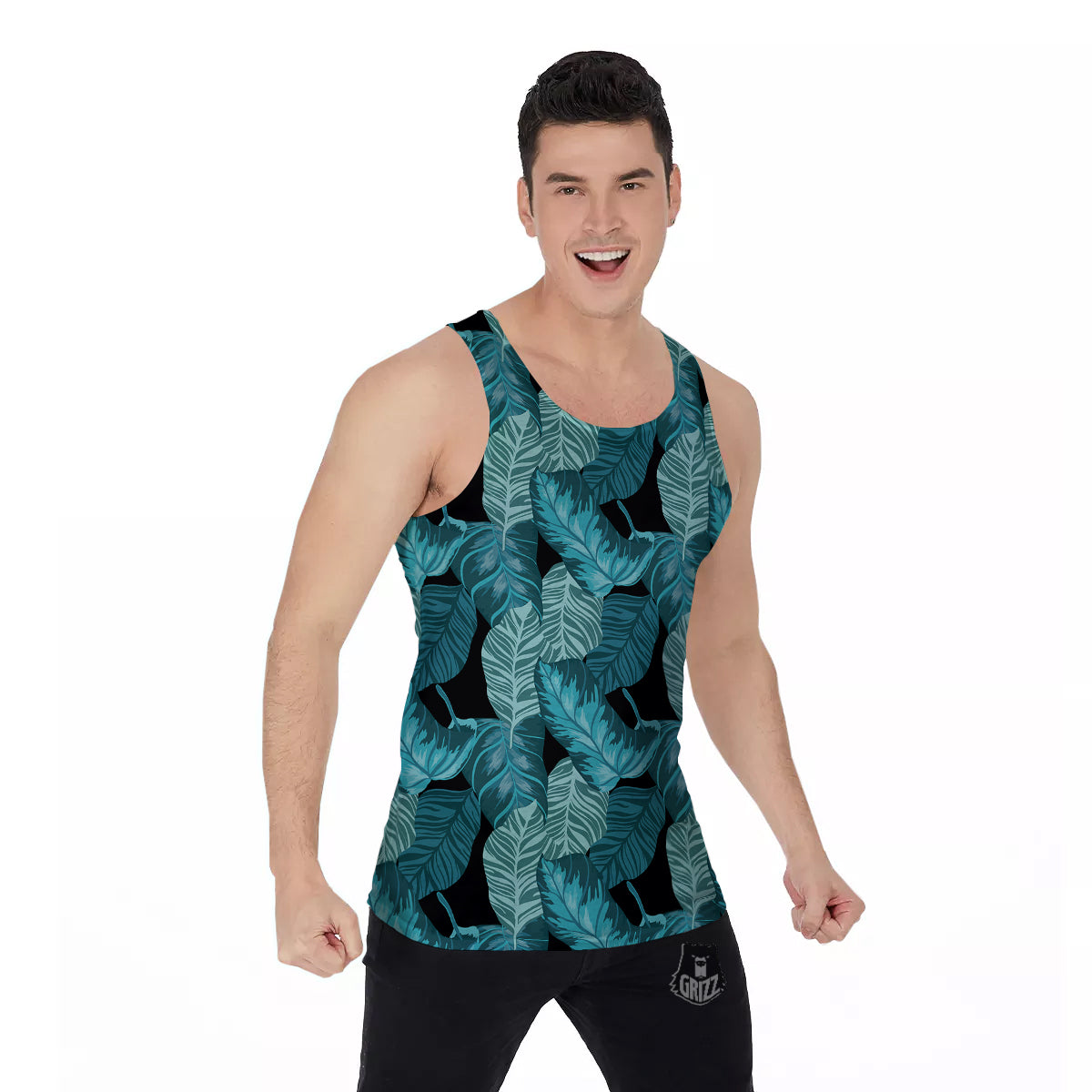Banana Leaf Turquoise Print Pattern Men's Tank Top-grizzshop