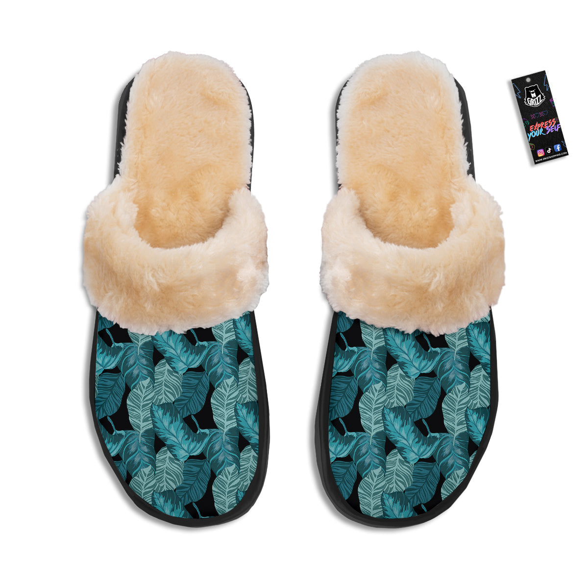 Banana Leaf Turquoise Print Pattern Slippers-grizzshop