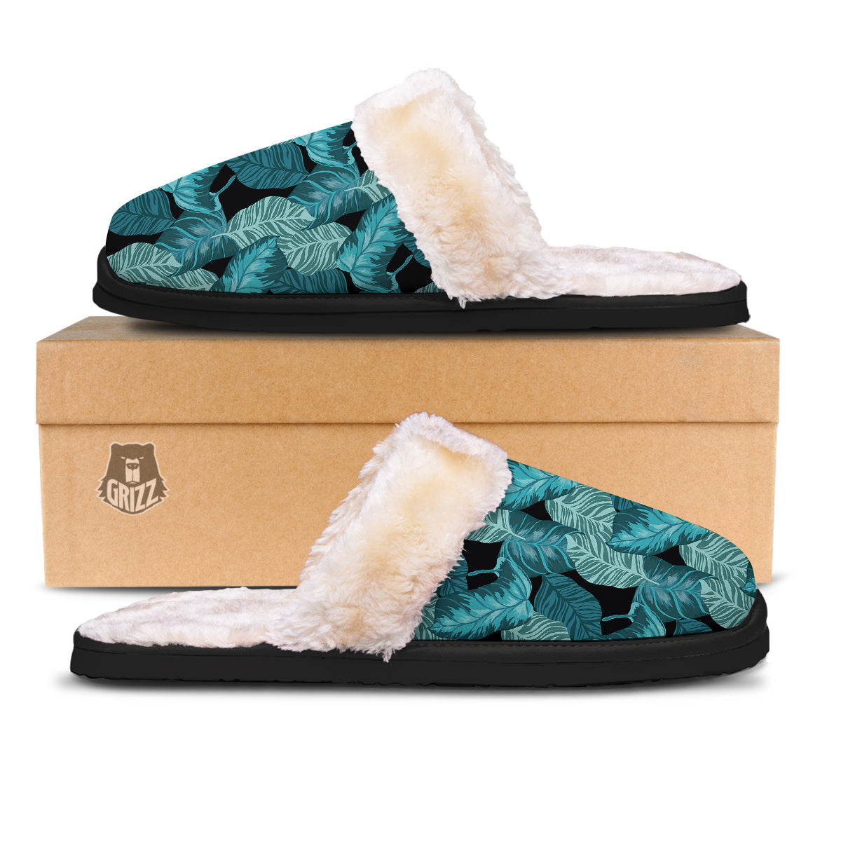 Banana Leaf Turquoise Print Pattern Slippers-grizzshop