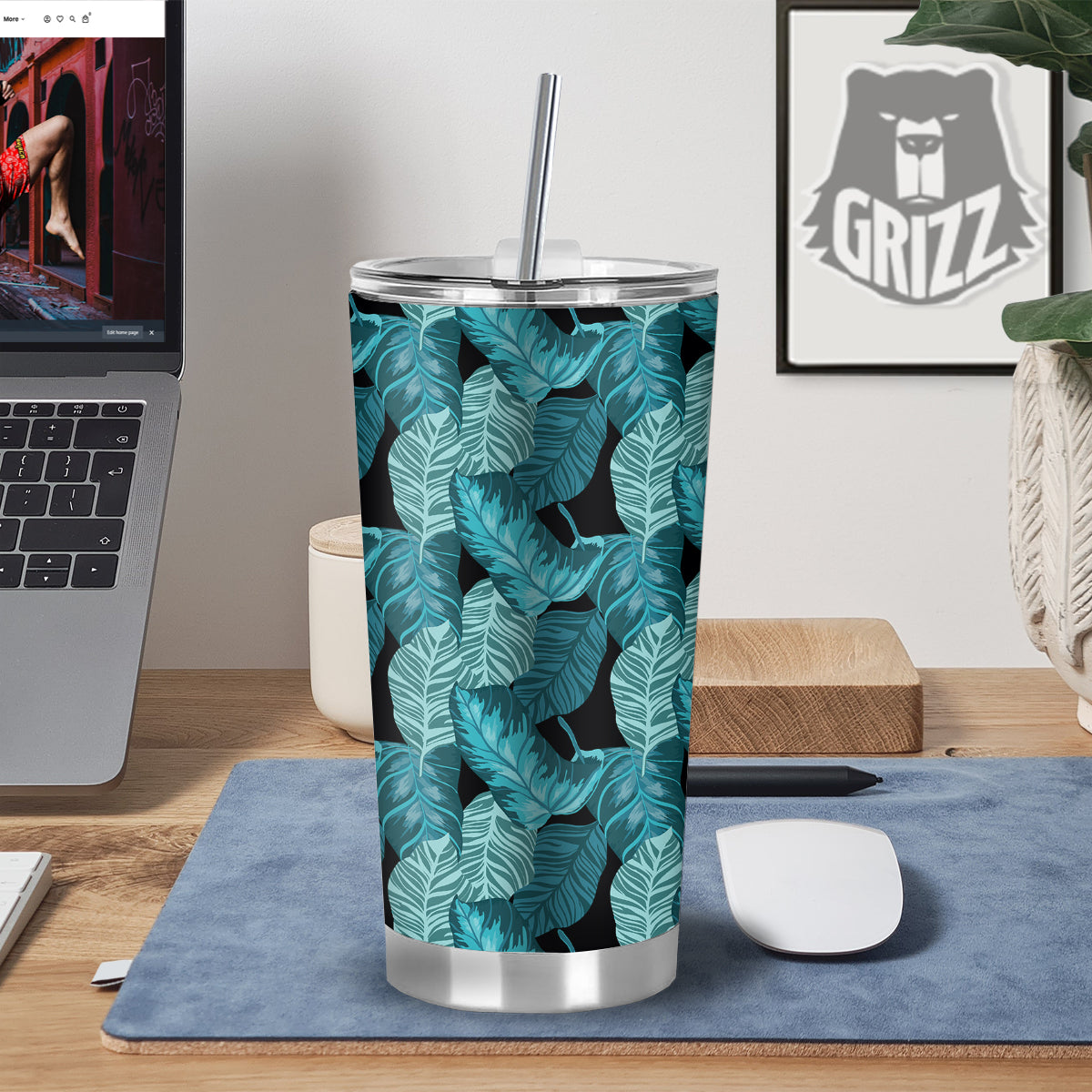 Banana Leaf Turquoise Print Pattern Tumbler-grizzshop