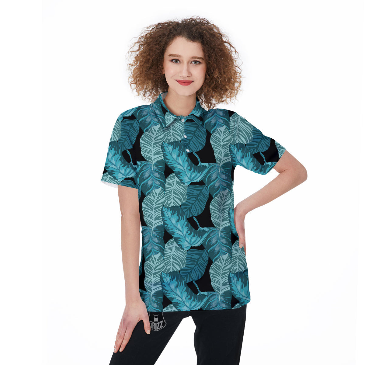 Banana Leaf Turquoise Print Pattern Women's Golf Shirts-grizzshop