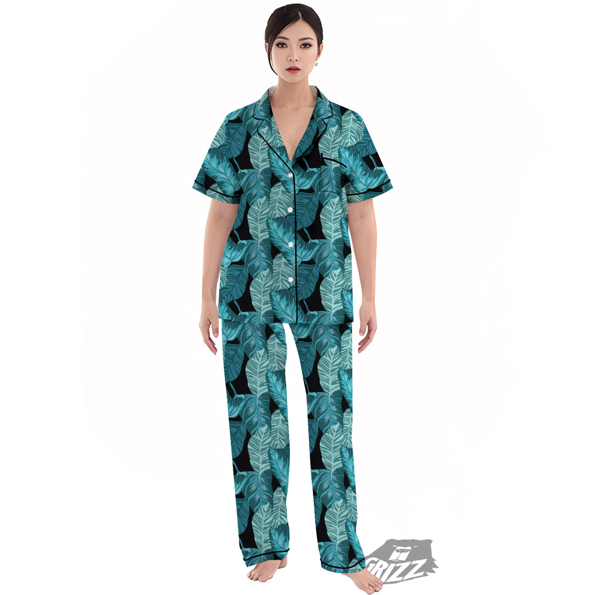 Banana Leaf Turquoise Print Pattern Women's Pajamas Set-grizzshop