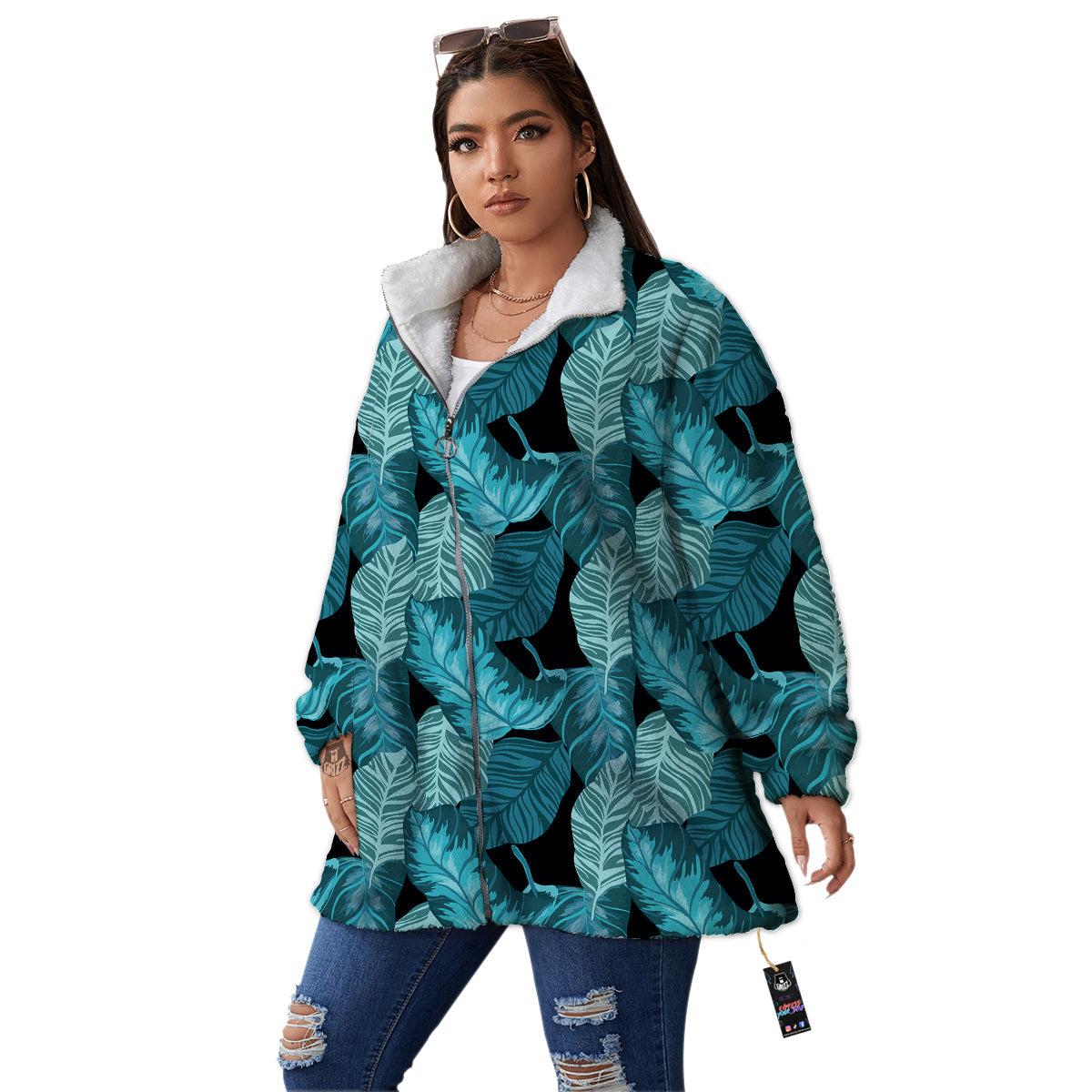 Banana Leaf Turquoise Print Pattern Women's Sherpa Jacket-grizzshop