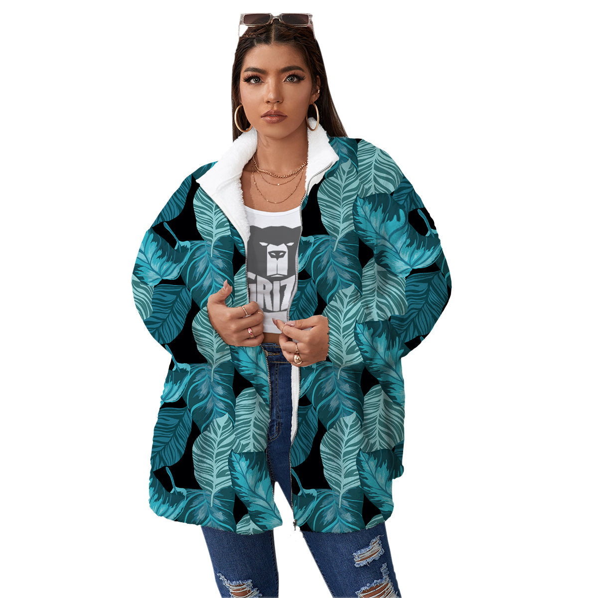 Banana Leaf Turquoise Print Pattern Women's Sherpa Jacket-grizzshop
