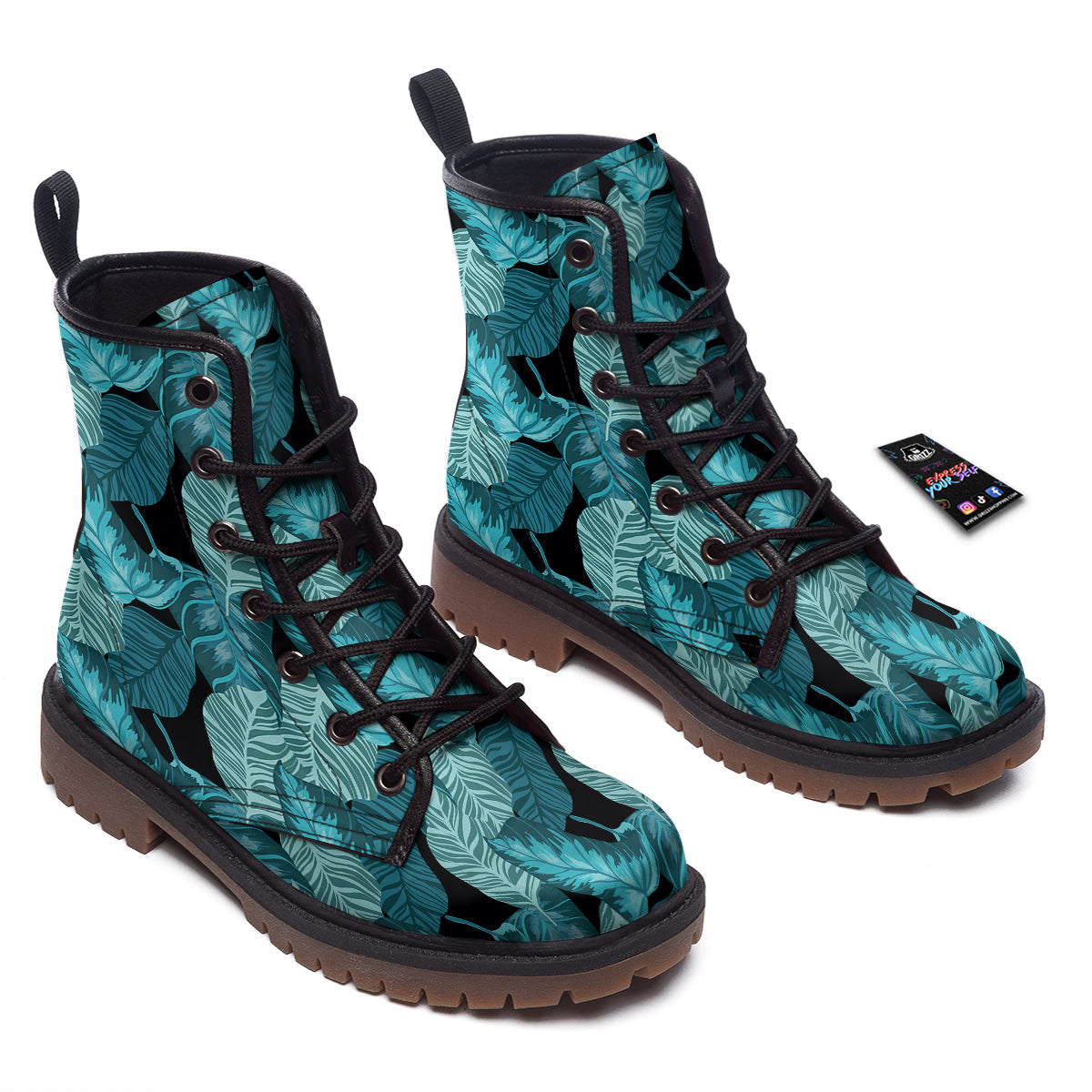 Banana Leaf Turquoise Print Pattern Work Boots-grizzshop