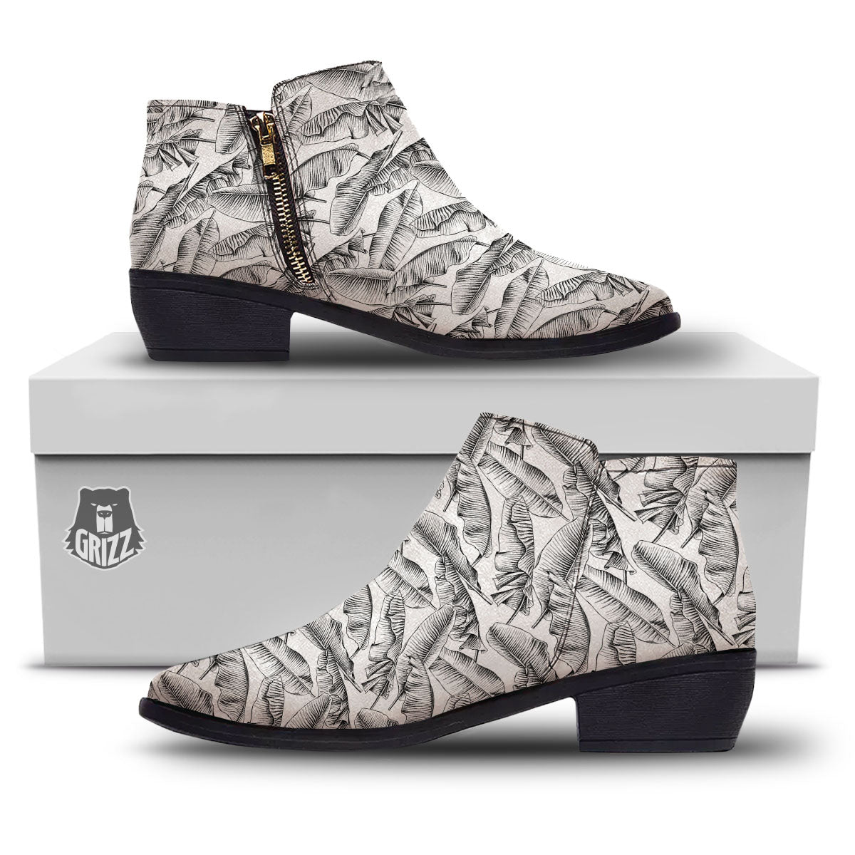 Banana Leaf White And Black Print Ankle Boots-grizzshop