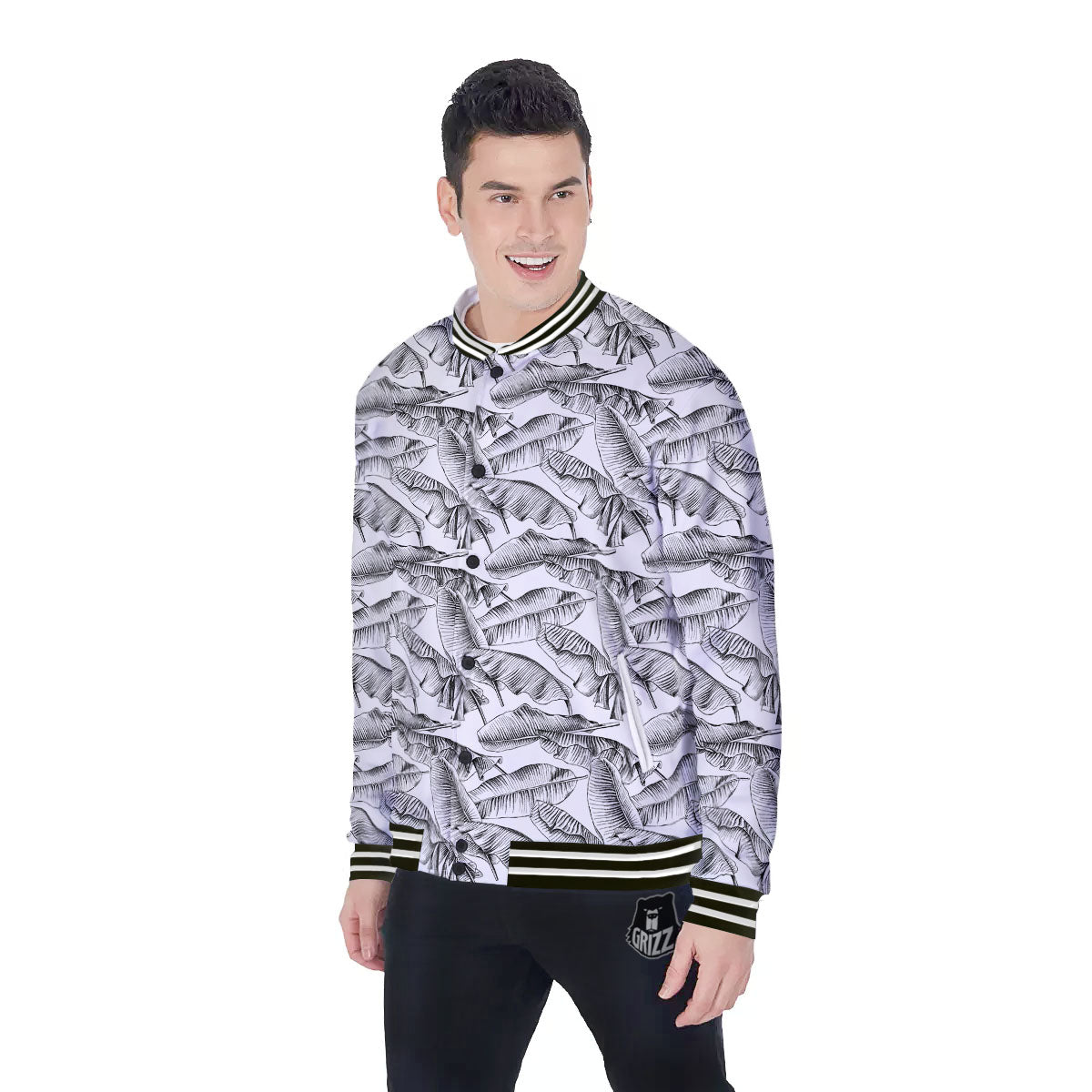 Banana Leaf White And Black Print Baseball Jacket-grizzshop