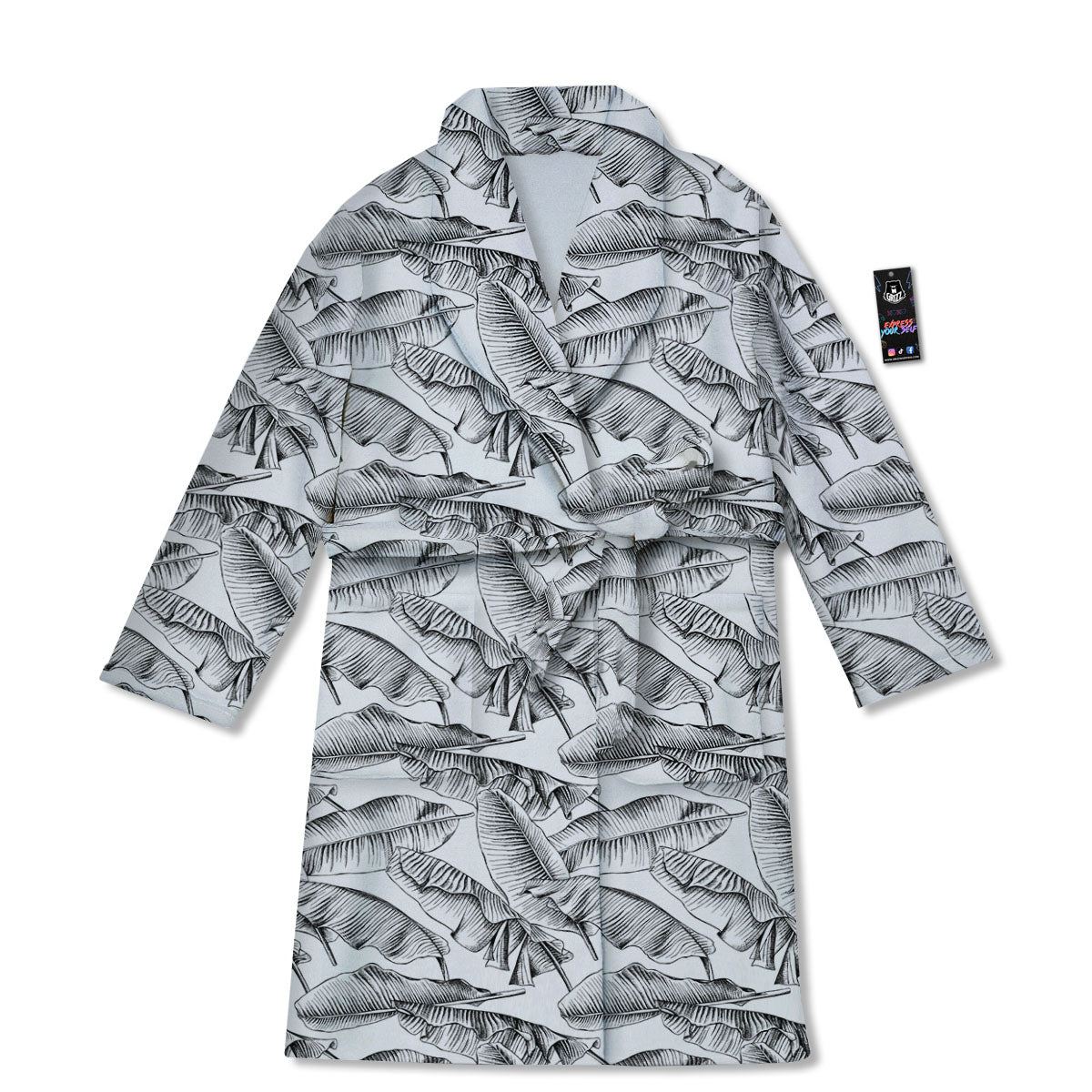 Banana Leaf White And Black Print Bathrobe-grizzshop