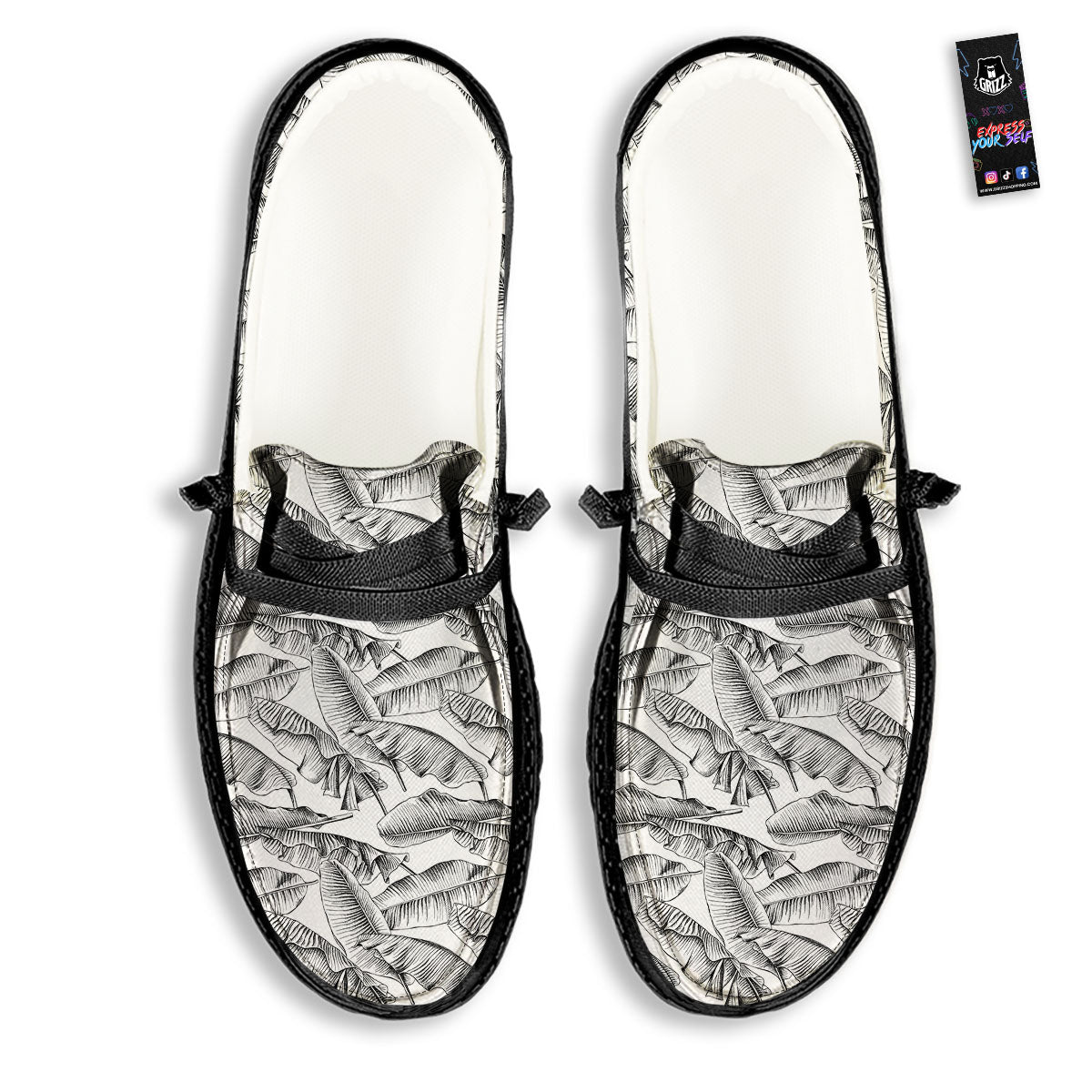 Banana Leaf White And Black Print Black Loafers-grizzshop