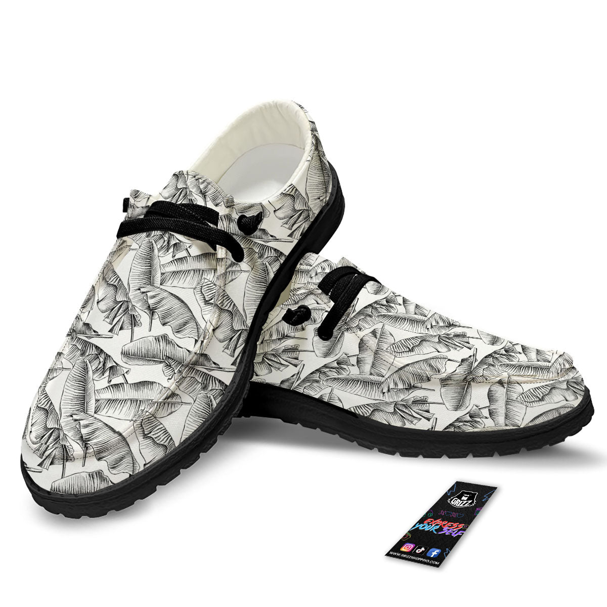 Banana Leaf White And Black Print Black Loafers-grizzshop