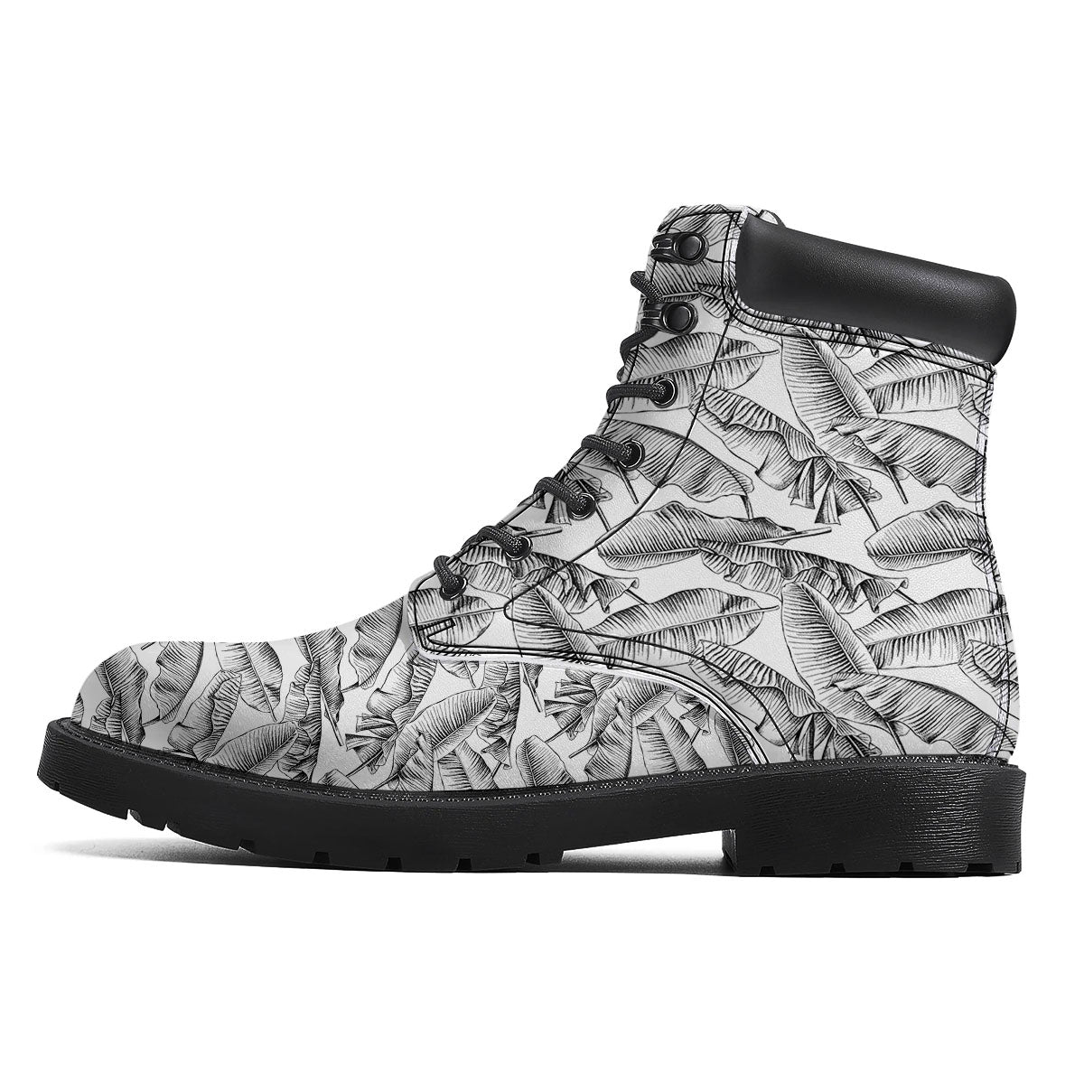 Banana Leaf White And Black Print Boots-grizzshop