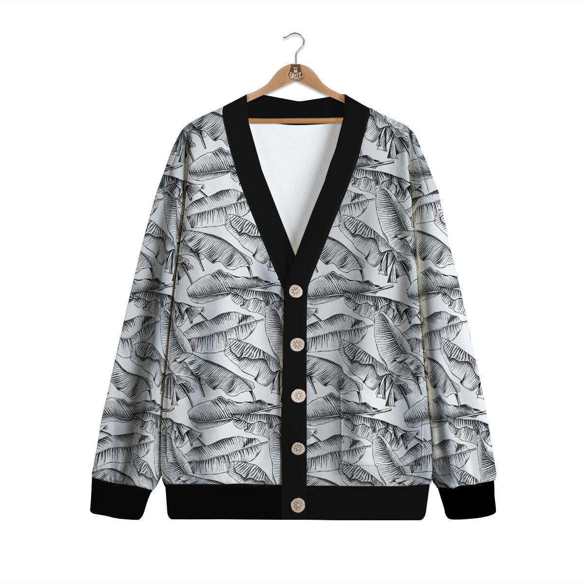 Banana Leaf White And Black Print Cardigan-grizzshop