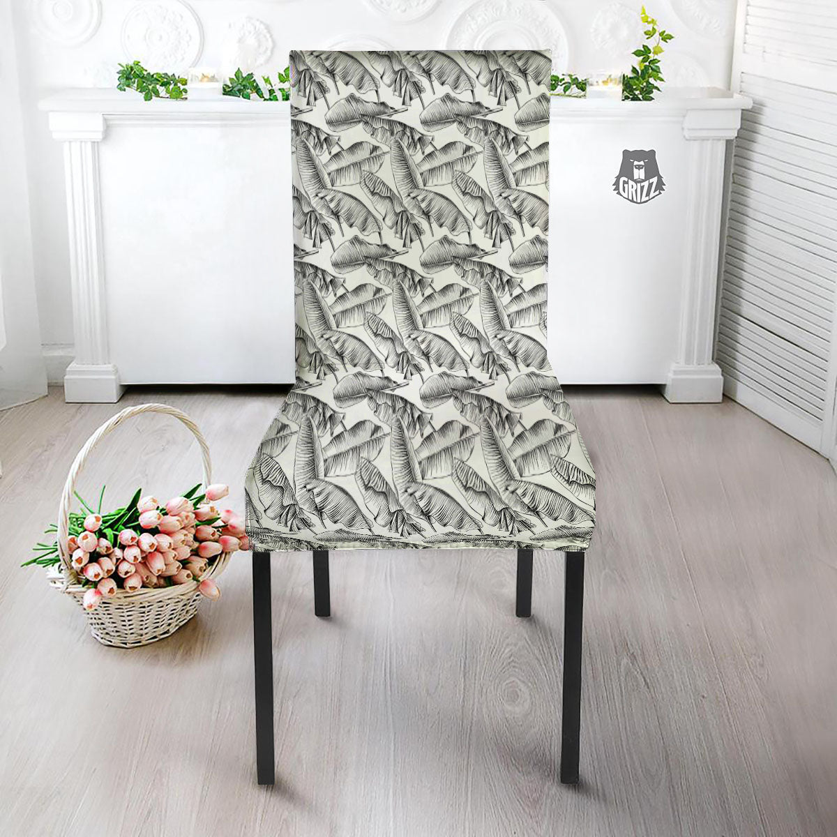 Banana Leaf White And Black Print Dining Chair Slipcover-grizzshop