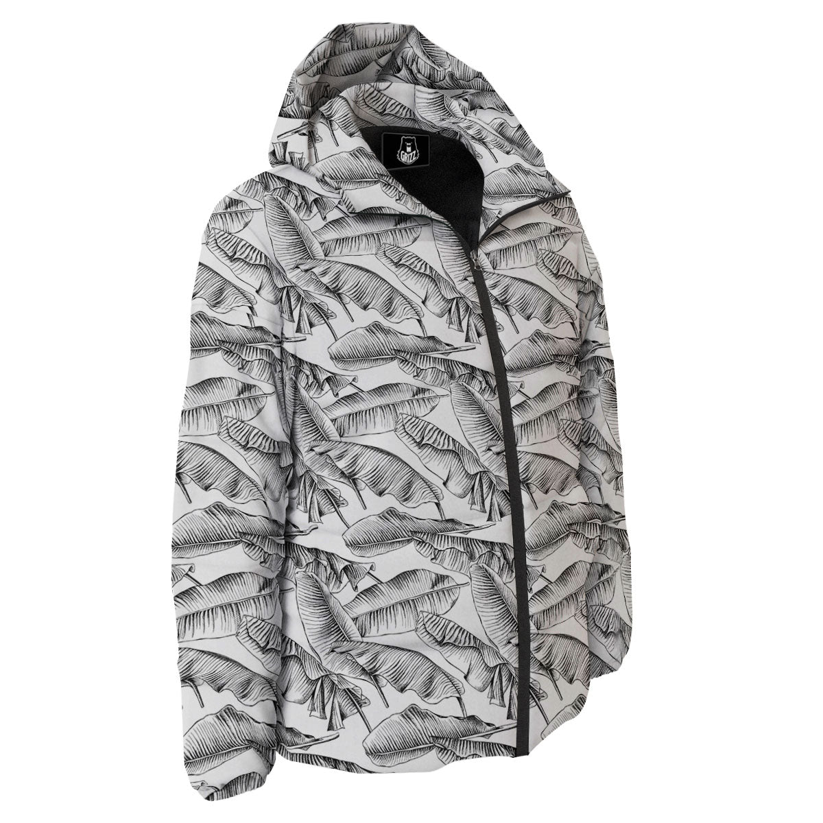 Banana Leaf White And Black Print Down Jacket-grizzshop