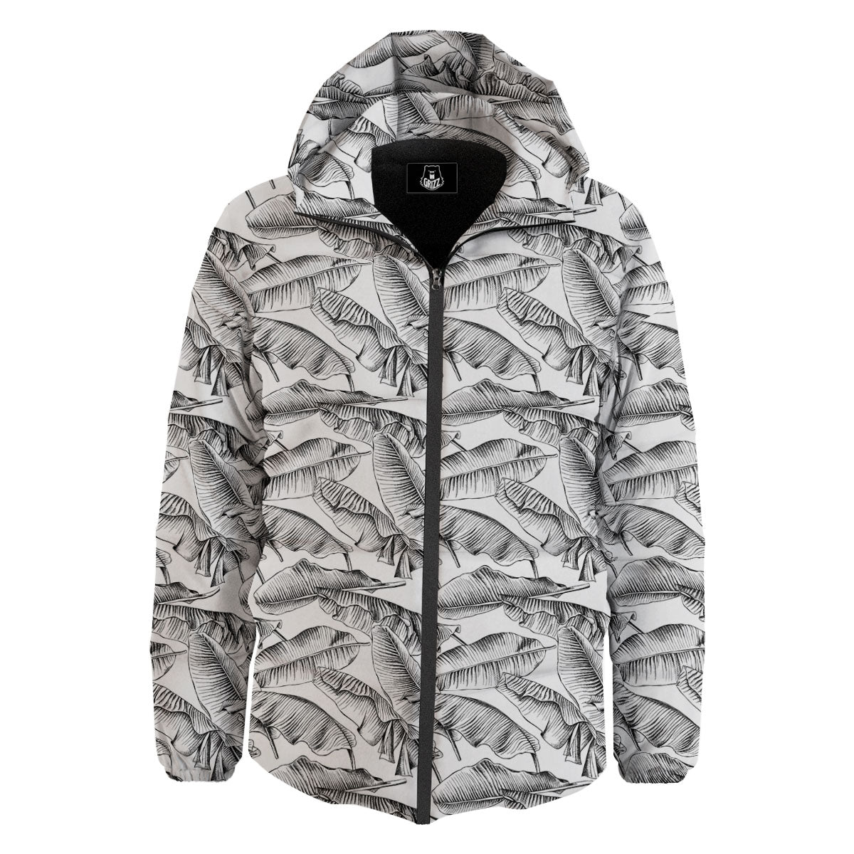 Banana Leaf White And Black Print Down Jacket-grizzshop