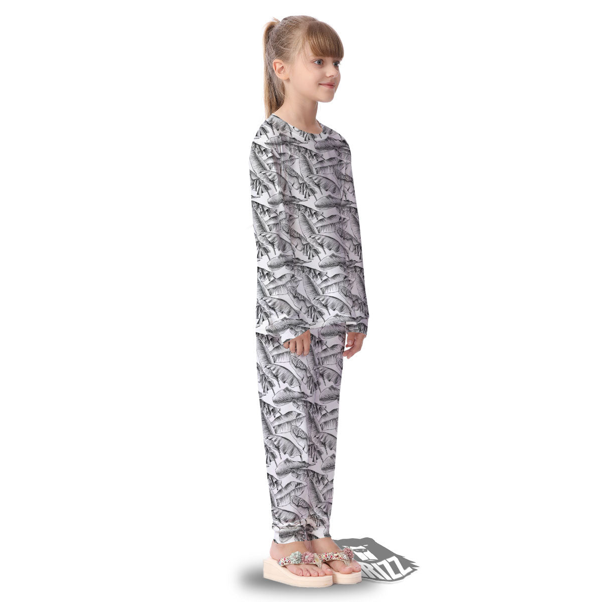 Banana Leaf White And Black Print Kid's Pajamas-grizzshop