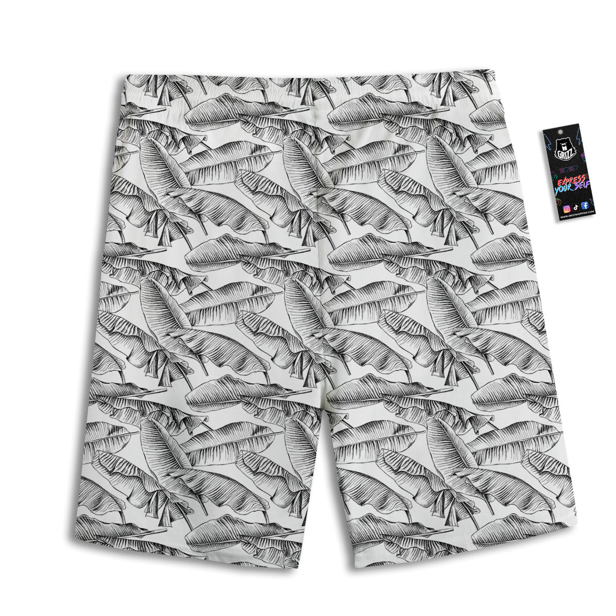 Banana Leaf White And Black Print Men's Athletic Shorts