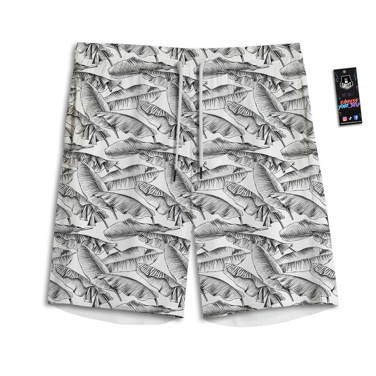 Banana Leaf White And Black Print Men's Athletic Shorts